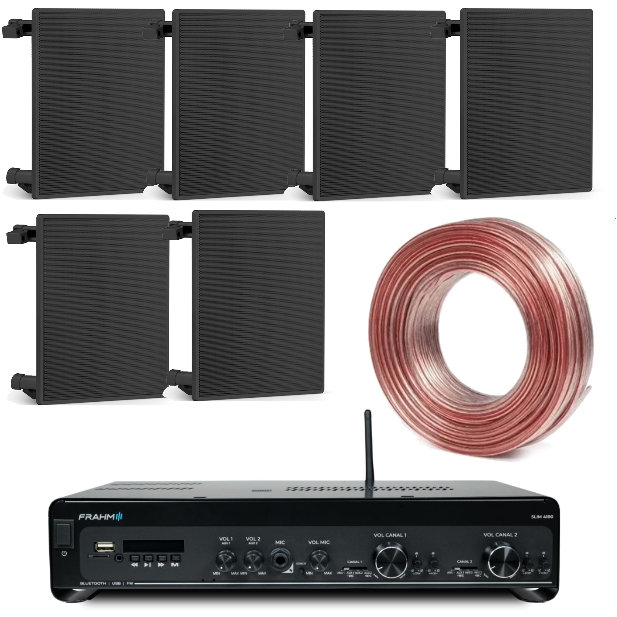 COMP Kit Som Ambiente Amplificador Slim 4100 + 6 Arandelas Preta  Frahm + 100 Metros Fio 2x1,5