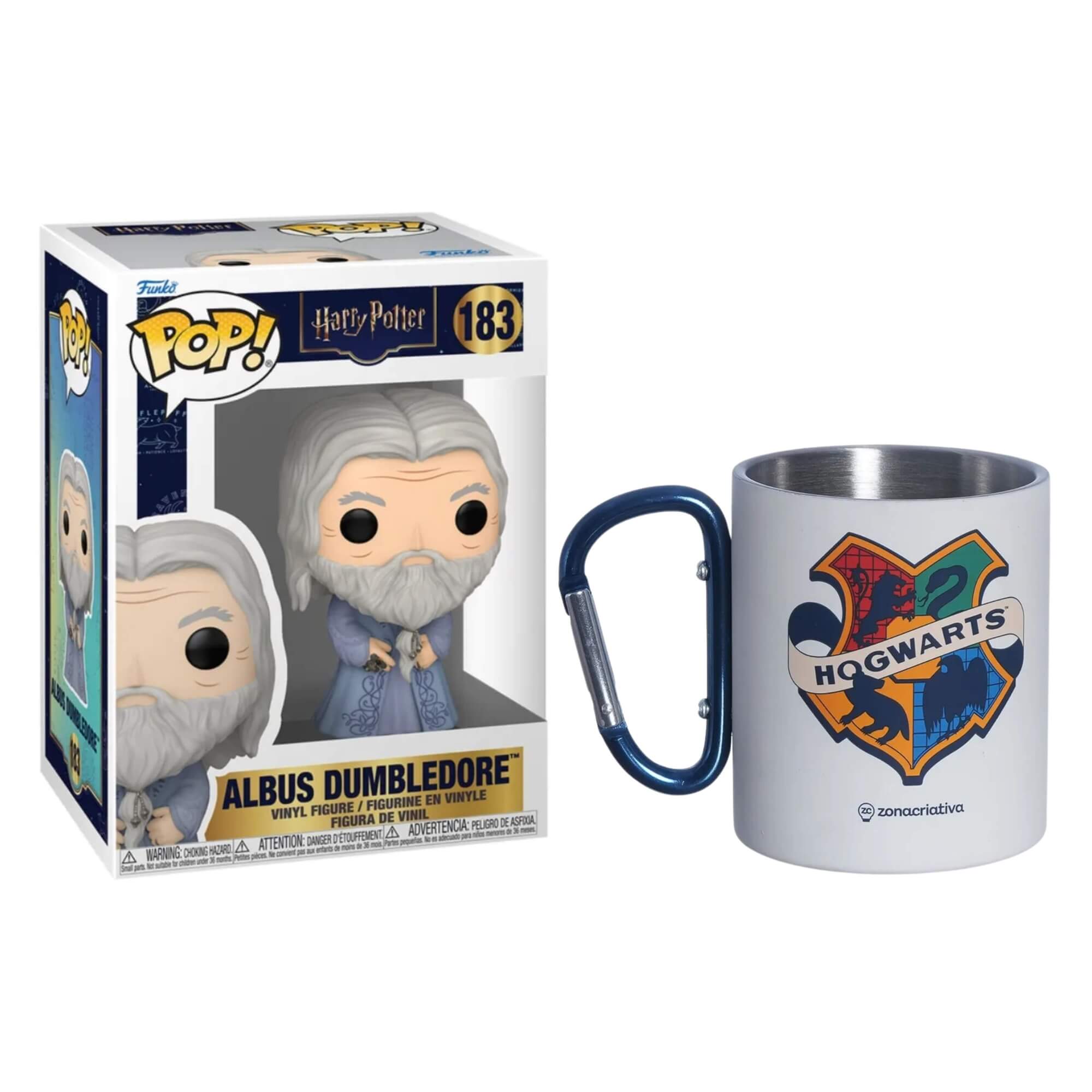 COMP Kit Funko Pop! Dumbledore + Caneca Mosquetão Harry Potter Hogwarts 300ml
