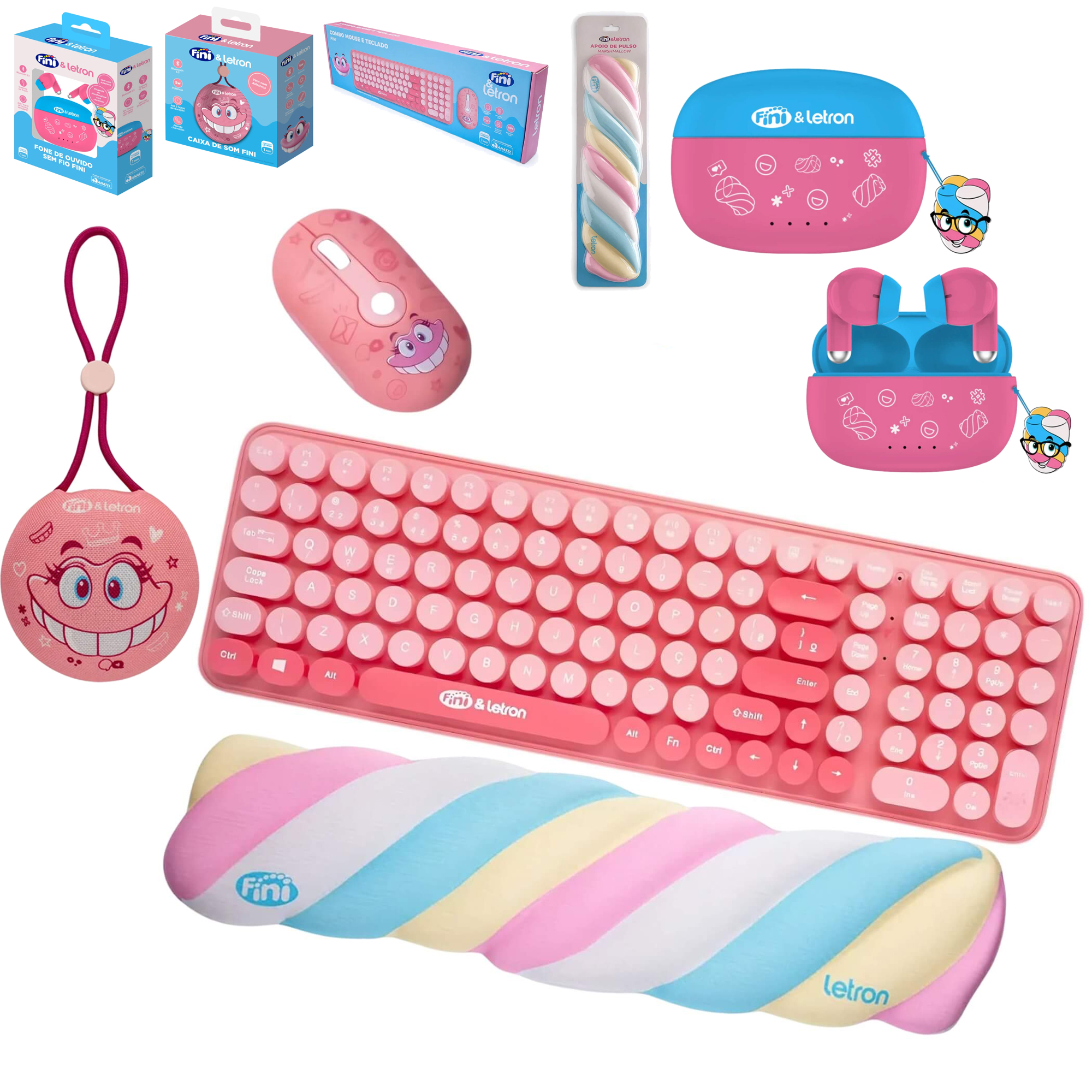COMP Kit Fini Sem Fio Teclado Mouse Wireless + Fone de Ouvido + Caixa de som + Apoio de Pulso Marshmallow Letron