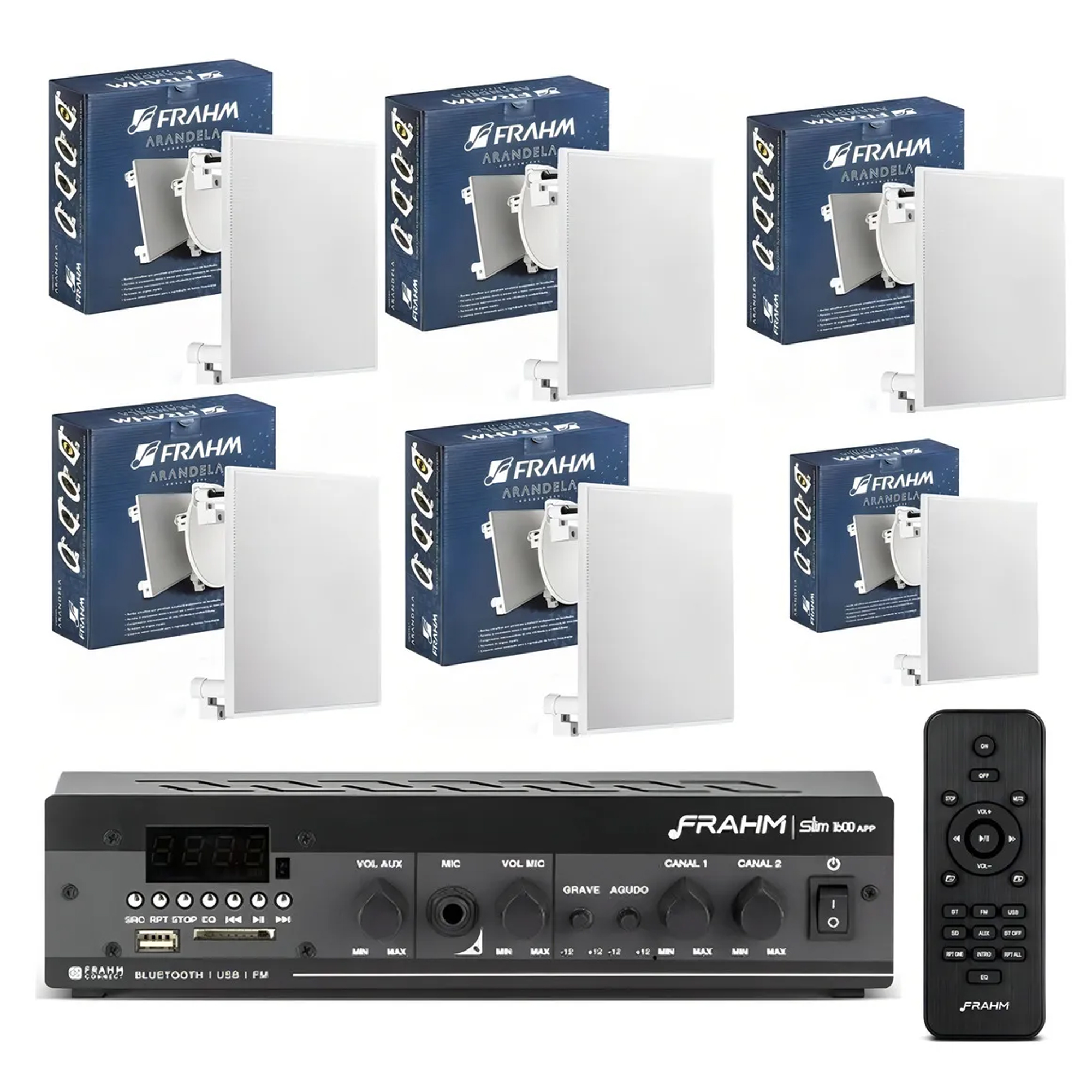 COMP Kit Amplificador Receiver Bluetooth 5.0  Frahm SLIM 1600 + 6 Arandelas Teto 40W Branca - Frahm