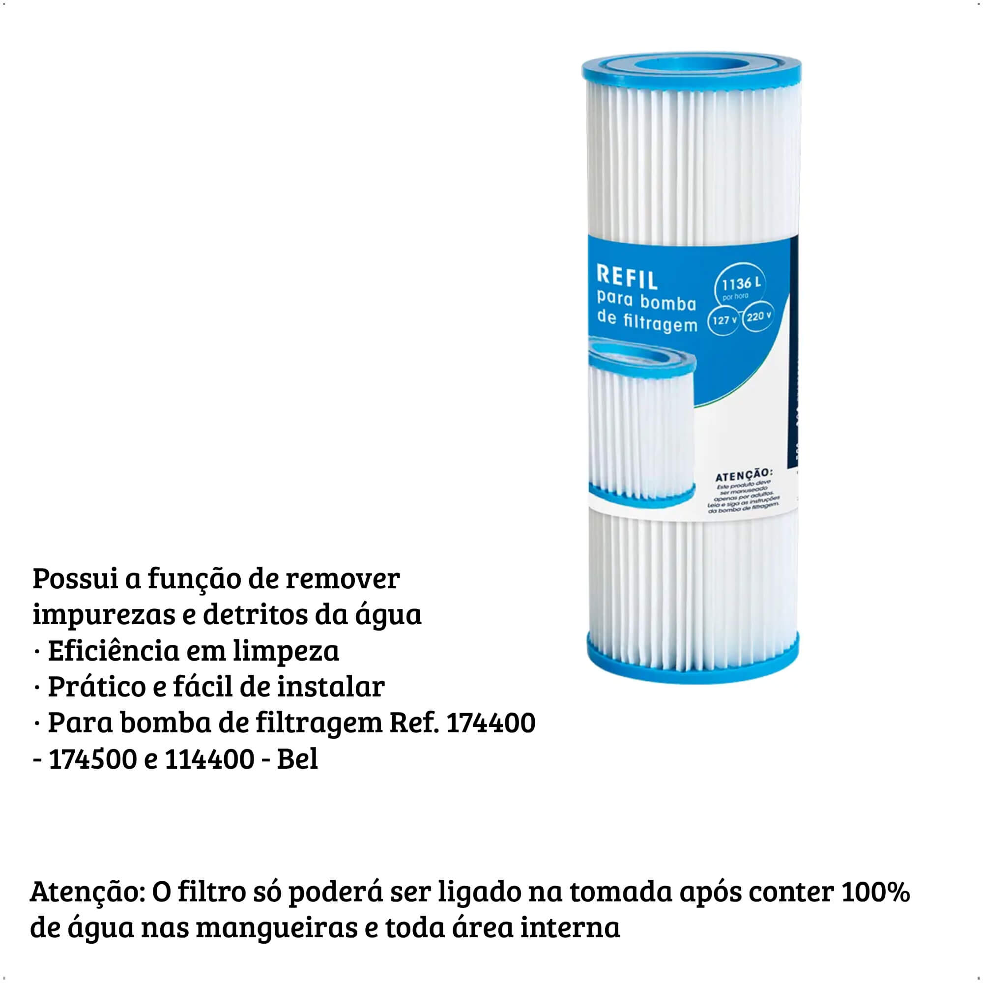 COMP Bomba de Filtragem 1.136L/h Filtro para Piscina 220v + 2 Refis