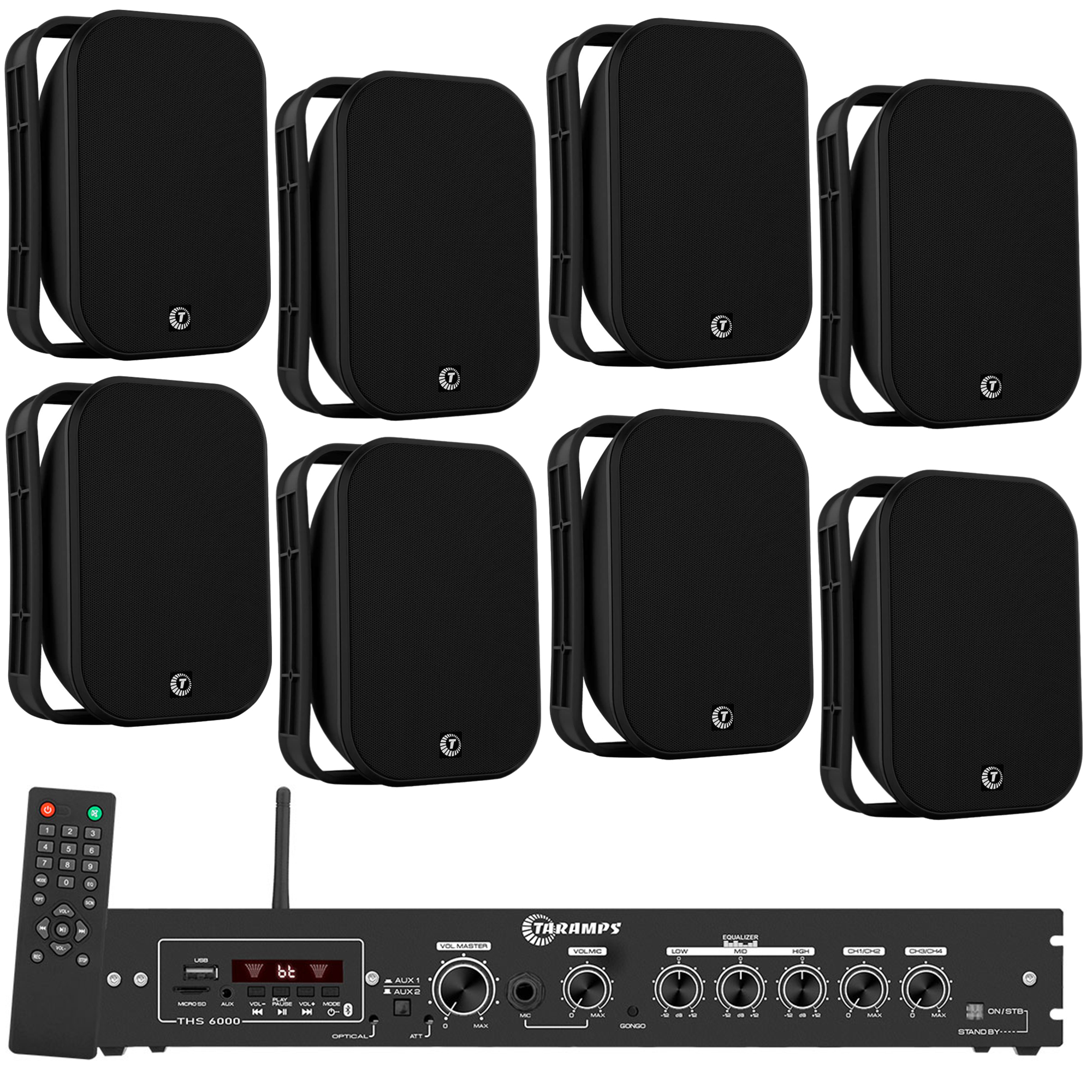COMP Kit Som Ambiente Amplificador + 8 Caixas TAQ62 Parede Sol Chuva Cor Preto TARAMPS