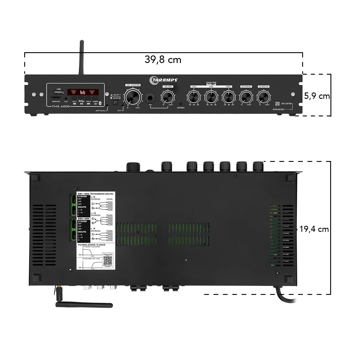 COMP Kit Som Ambiente Amplificador + 8 Caixas TAQ62 Parede Sol Chuva Cor Preto TARAMPS