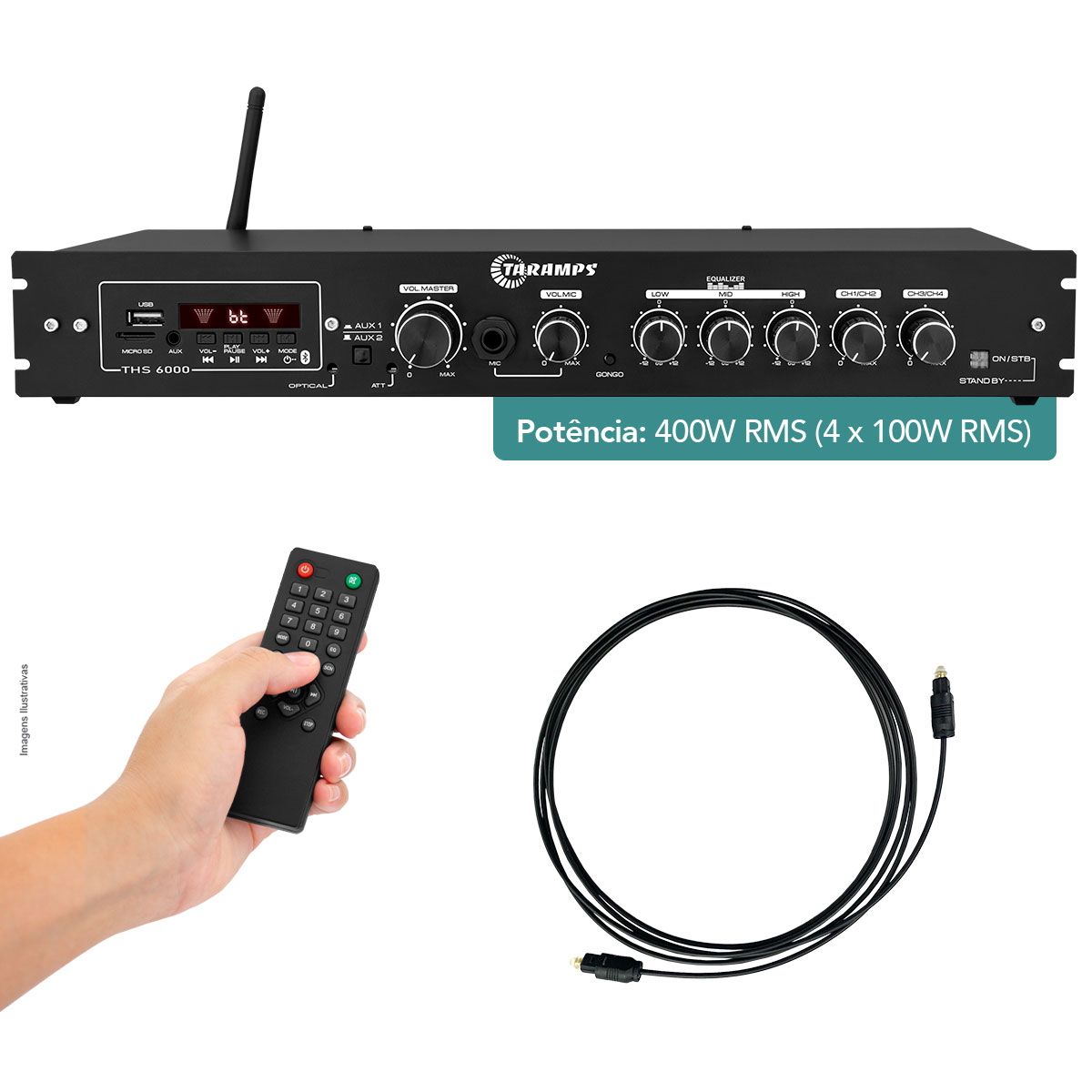 COMP Kit Som Ambiente Amplificador + 8 Caixas TAQ62 Parede Sol Chuva Cor Preto TARAMPS