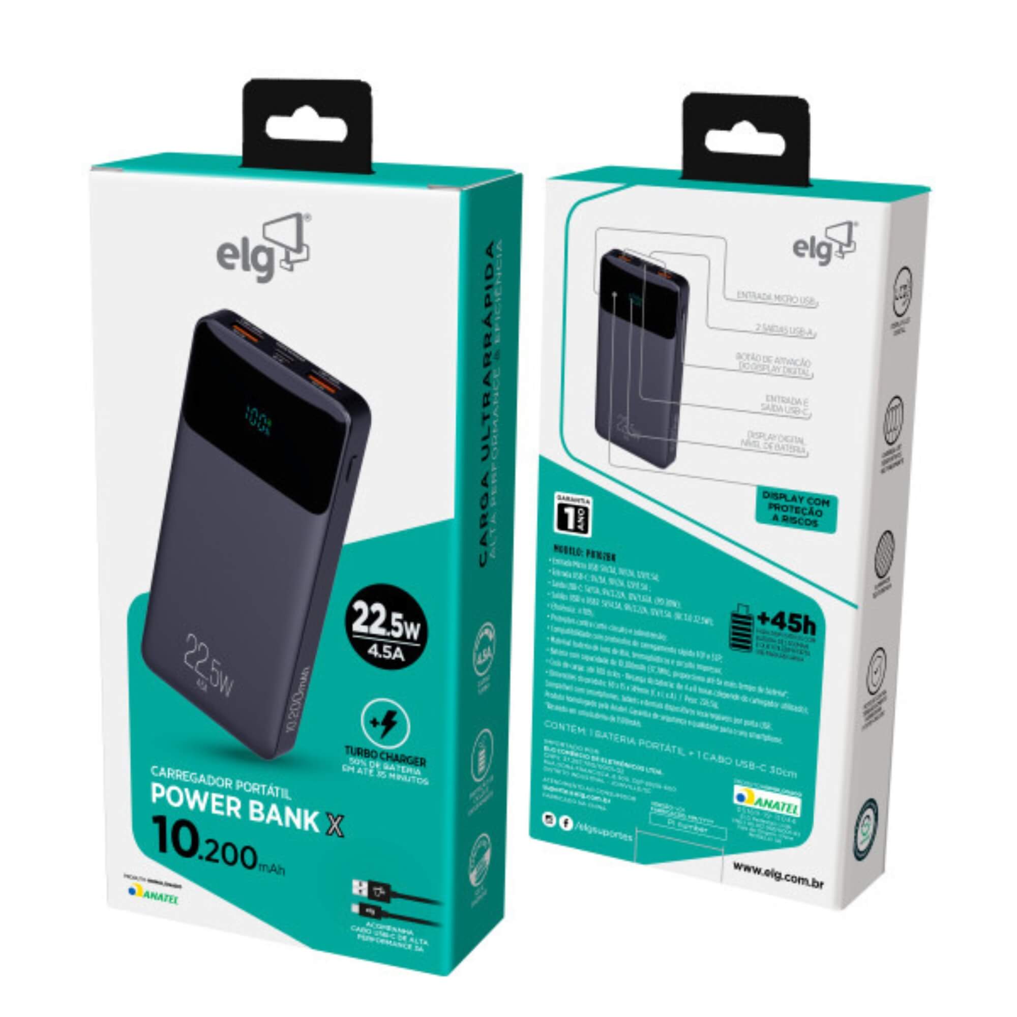 COMP Power Bank 10200mAh com Display + Cabo Android em Silicone Flexível Usb-a Para Usb-c