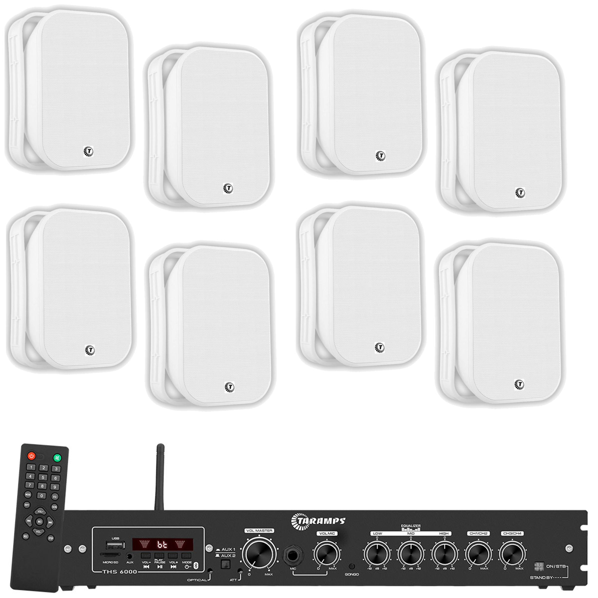 COMP Kit Som Ambiente Amplificador + 8 Caixas TAQ62 Parede Sol Chuva Cor Branca - TARAMPS