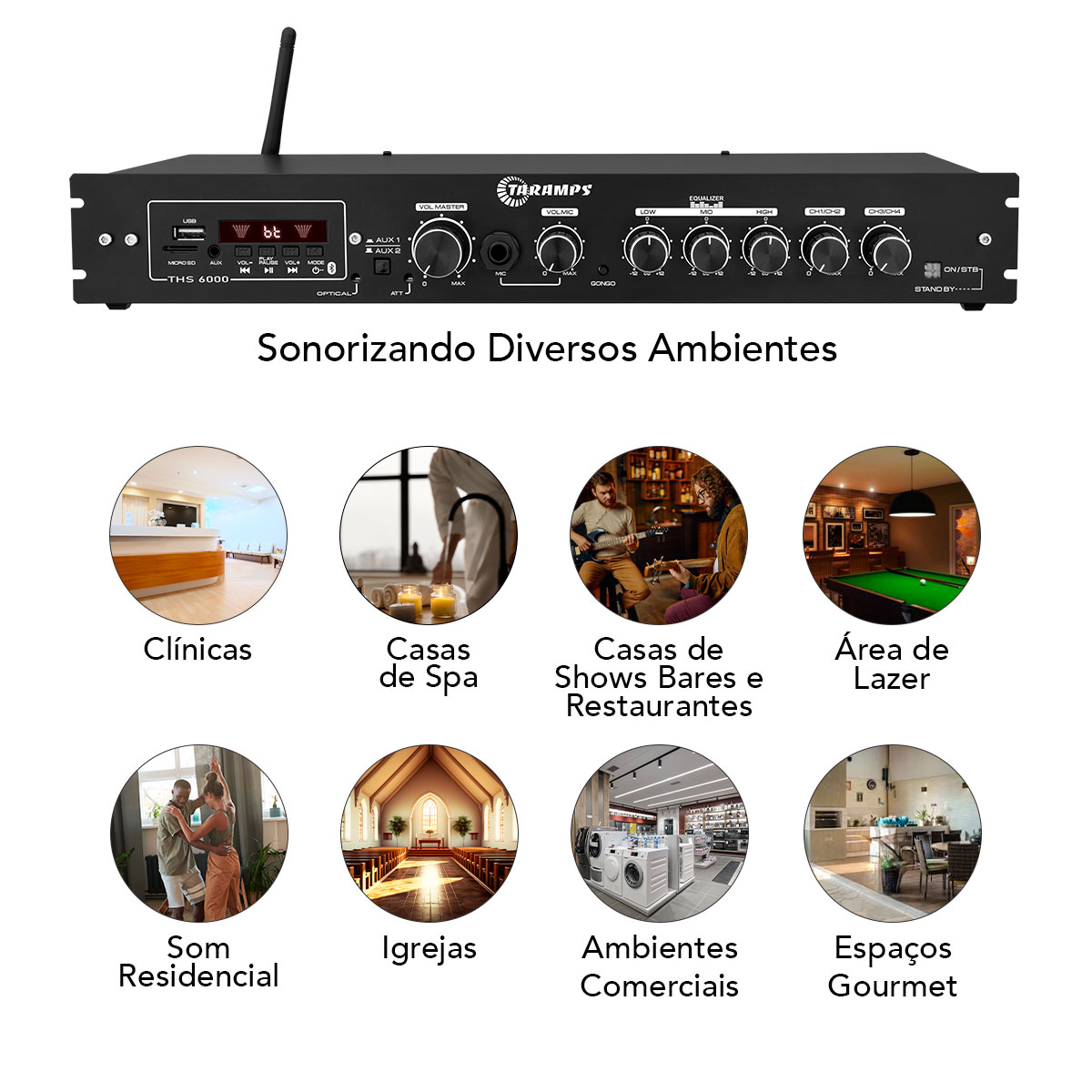 COMP Kit Som Ambiente Amplificador + 8 Caixas TAQ62 Parede Sol Chuva Cor Branca - TARAMPS