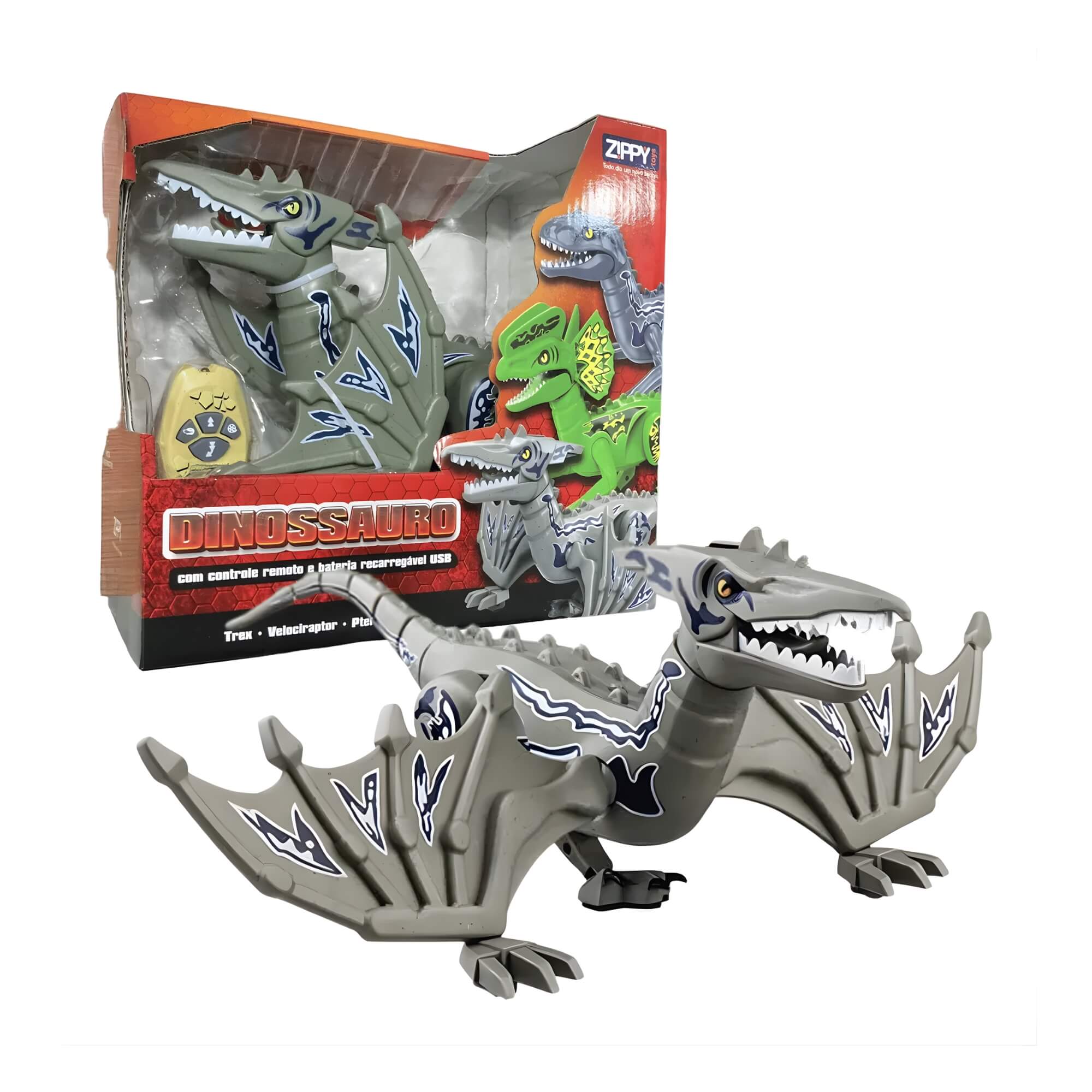 Brinquedo Infantil Dinossauro Pterossauro Velociraptor com Bateria USB e Controle Zippy Toys - RB2388