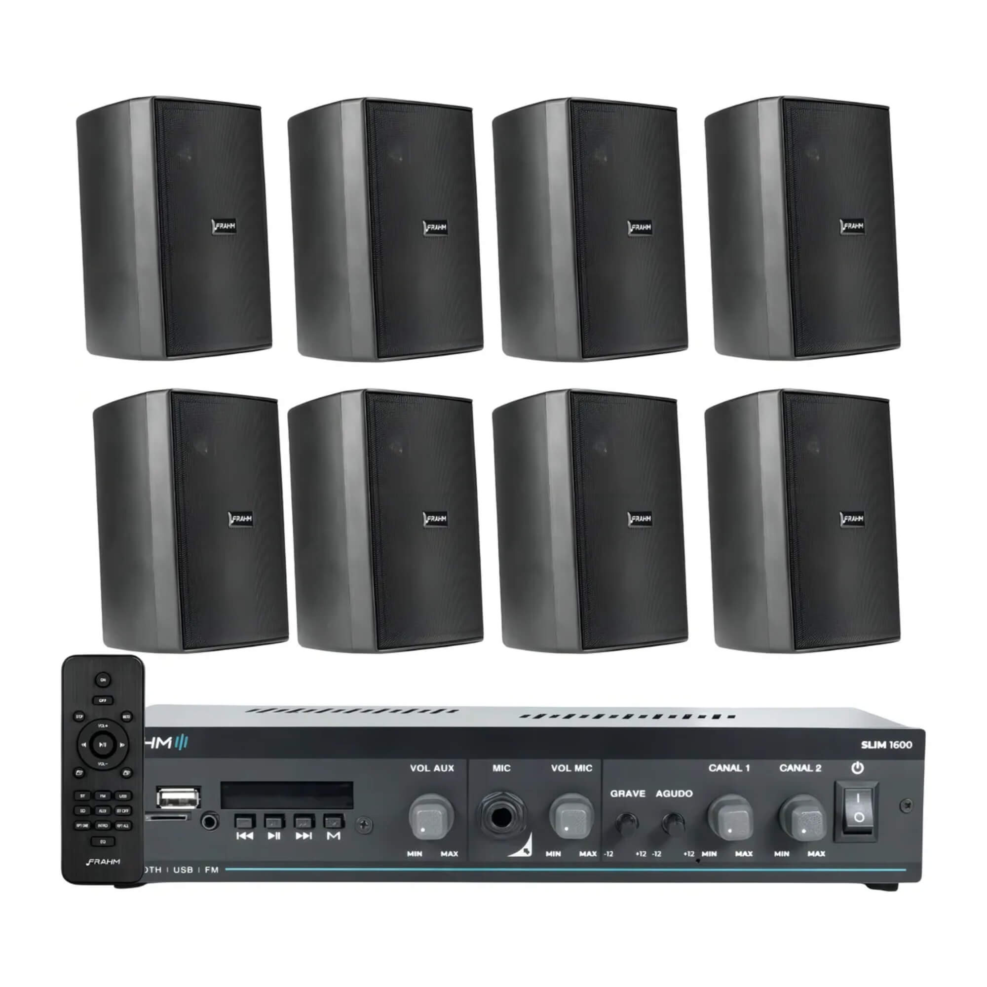 Kit Som Ambiente Frahm Salão de Beleza 200m² Amplificador Slim 1600 G5 + 8 Caixas de Som PS200 New