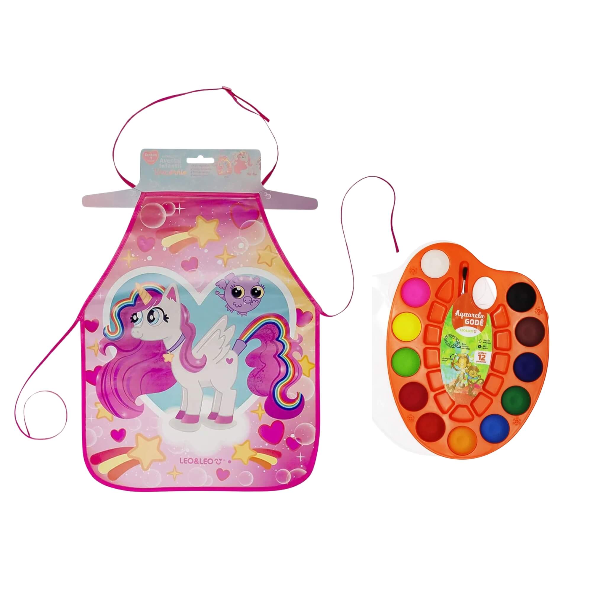 COMP Kit Infantil Criativo Leo&Leo: Avental Infantil Unicórnio + Estojo Aquarela Gode 12 Cores
