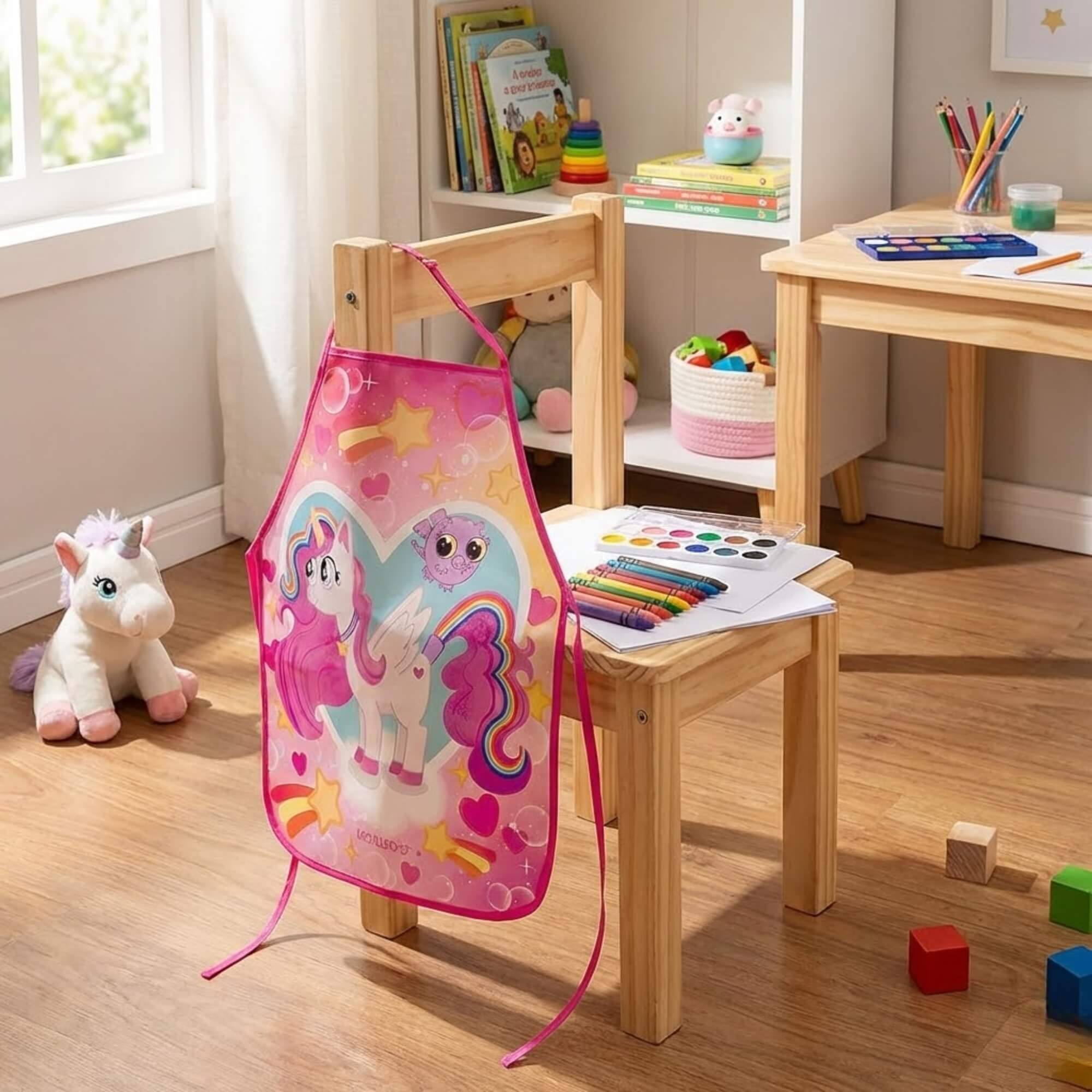 COMP Kit Infantil Criativo Leo&Leo: Avental Infantil Unicórnio + Estojo Aquarela Gode 12 Cores