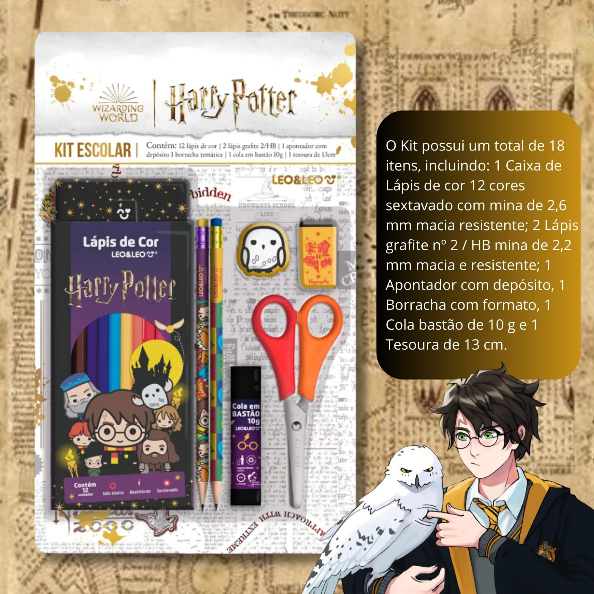 COMP Kit Escolar Harry Potter: Kit Escolar com Lápis de Cor 12 Cores e Acessórios + Kit Lápis HB
