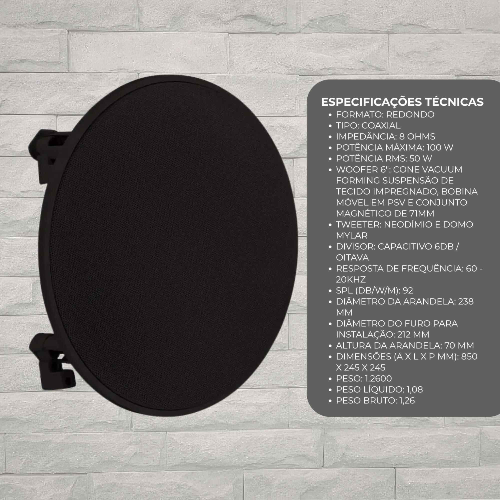 Caixa de Som Arandela Redonda 6CX 50W cor Preta Frahm - 31549
