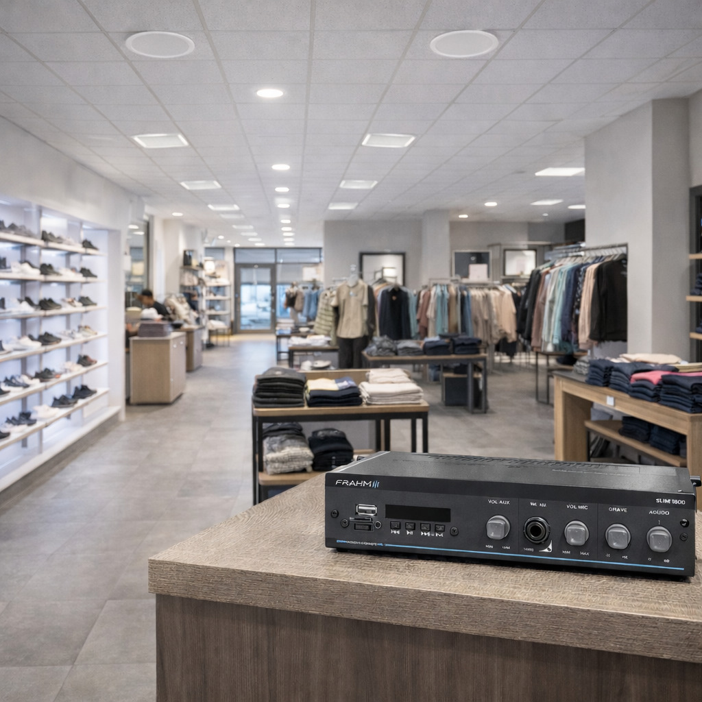 COMP Kit Som Ambiente para Lojas de Roupas e Tênis até 100m² Amplificador + 4 Arandelas  Frahm