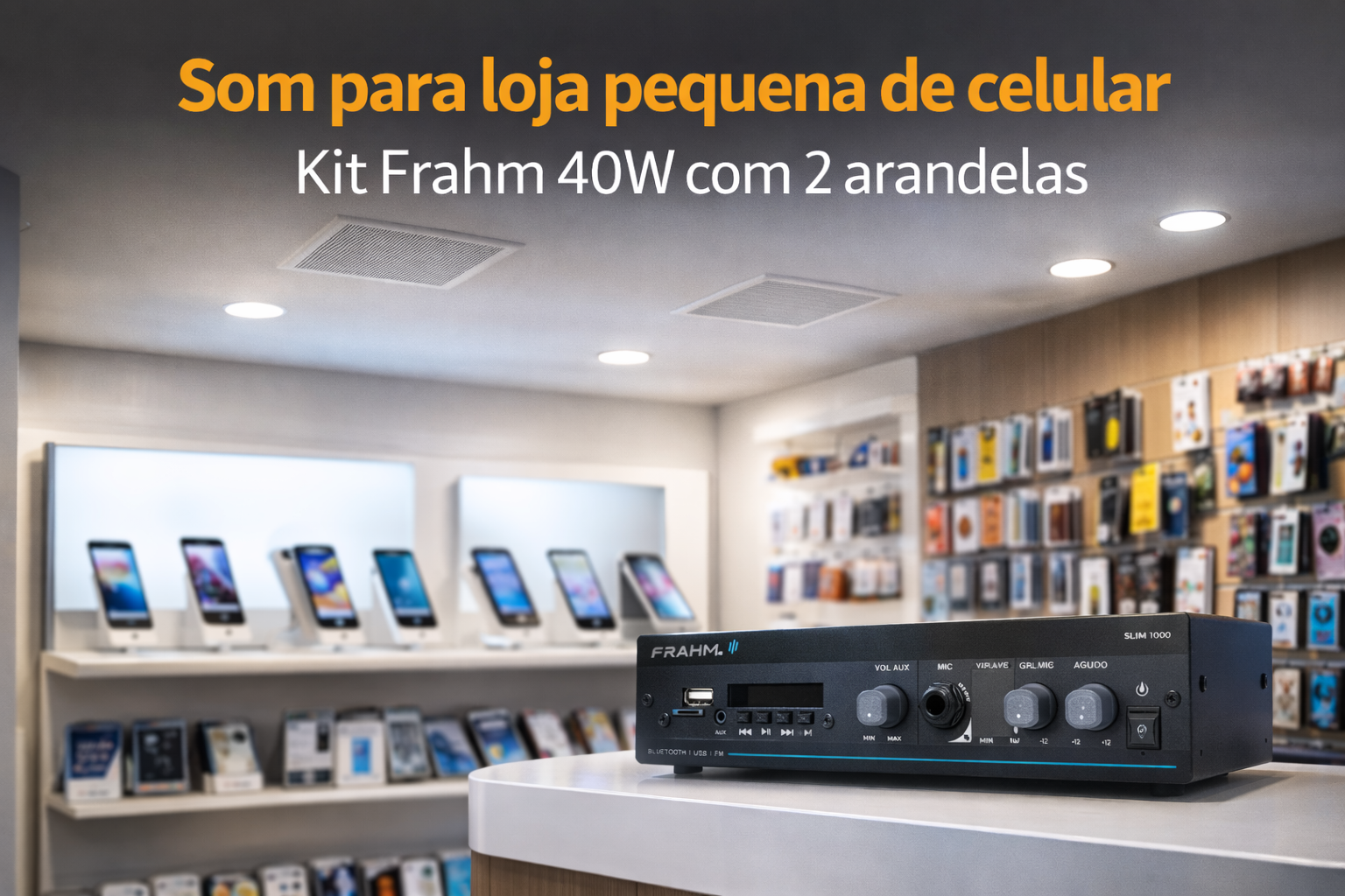 COMP Som para loja pequena de celular | Kit Frahm 40W com 2 arandelas