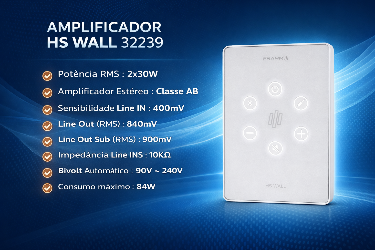 COMP Kit Som Ambiente para Cozinha até 30m² com Amplificador Hs Wall + 2 arandelas 70W