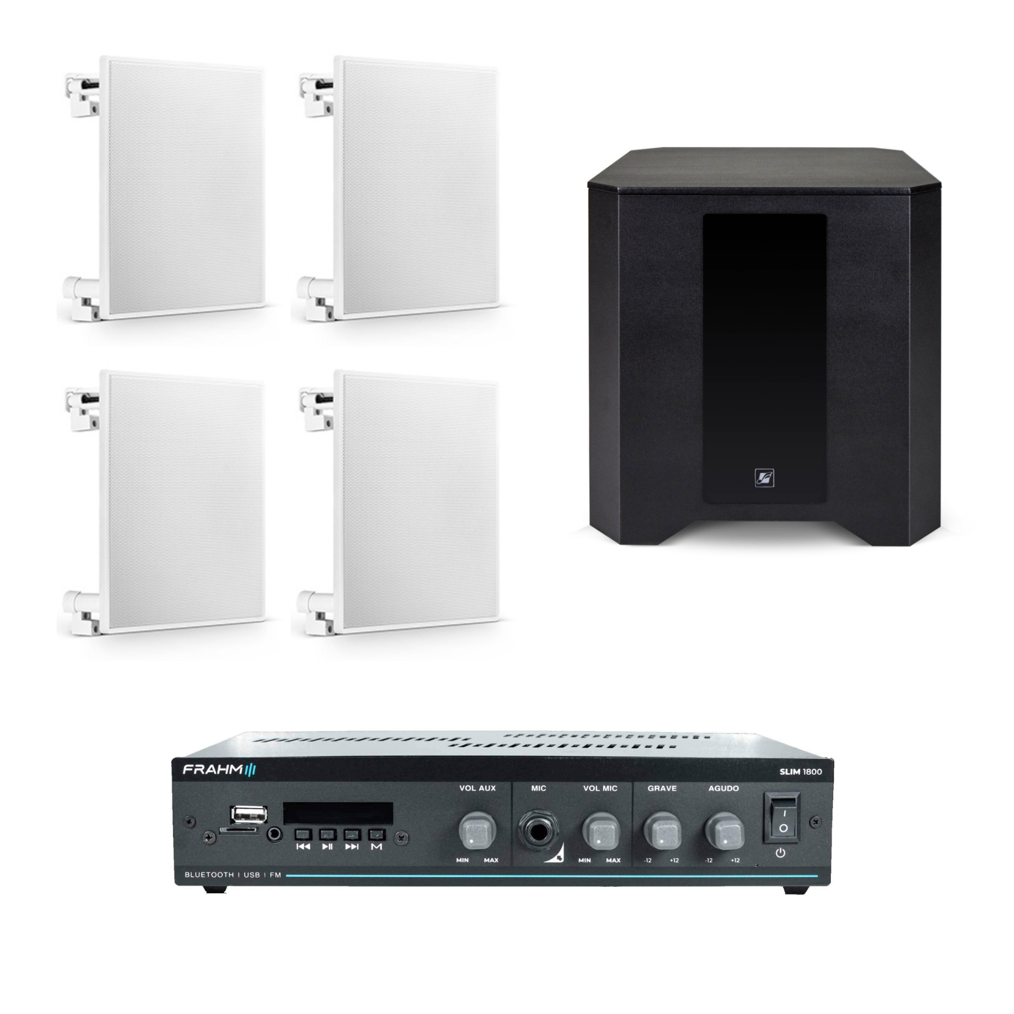 COMP Kit Som Ambiente Frahm para Loja de Conveniência até 100m² - Amplificador + Arandela + Subwoofer