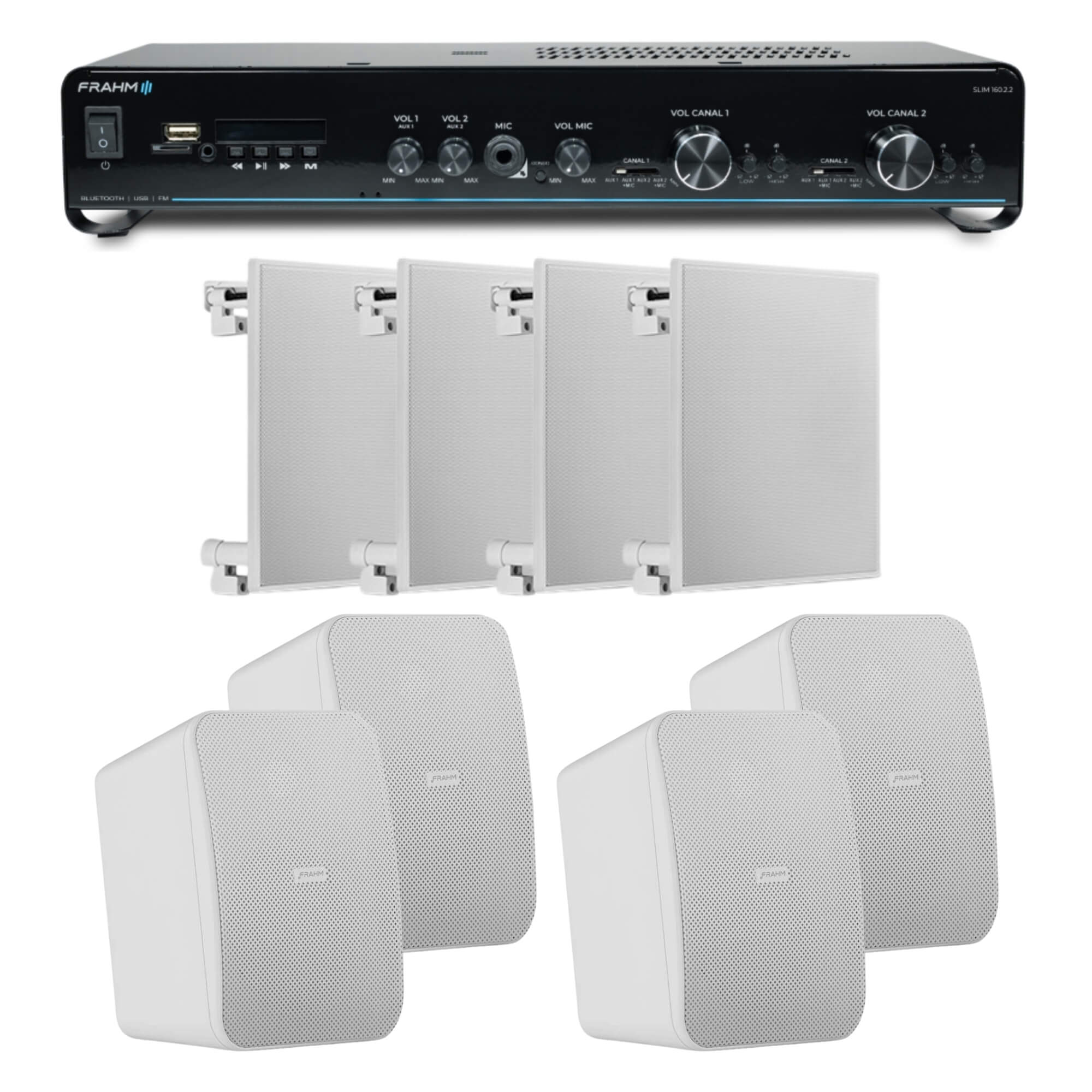 COMP Kit Som Ambiente Posto de Gasolina Amplificador Slim + 4 Arandelas + 2 Pares de Caixa de Som