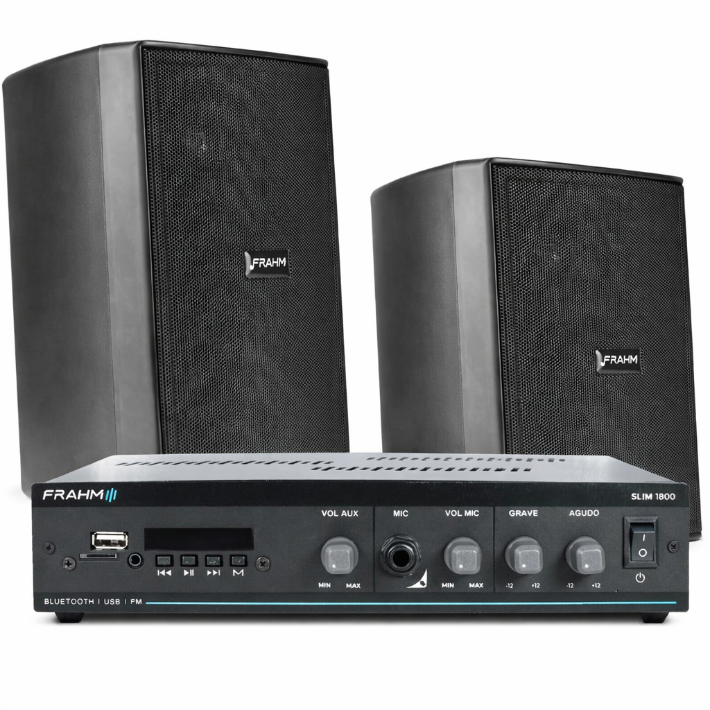 COMP Kit Som Ambiente Frahm para Mercados até 200m² - Amplificador + Caixas de Som Discretas