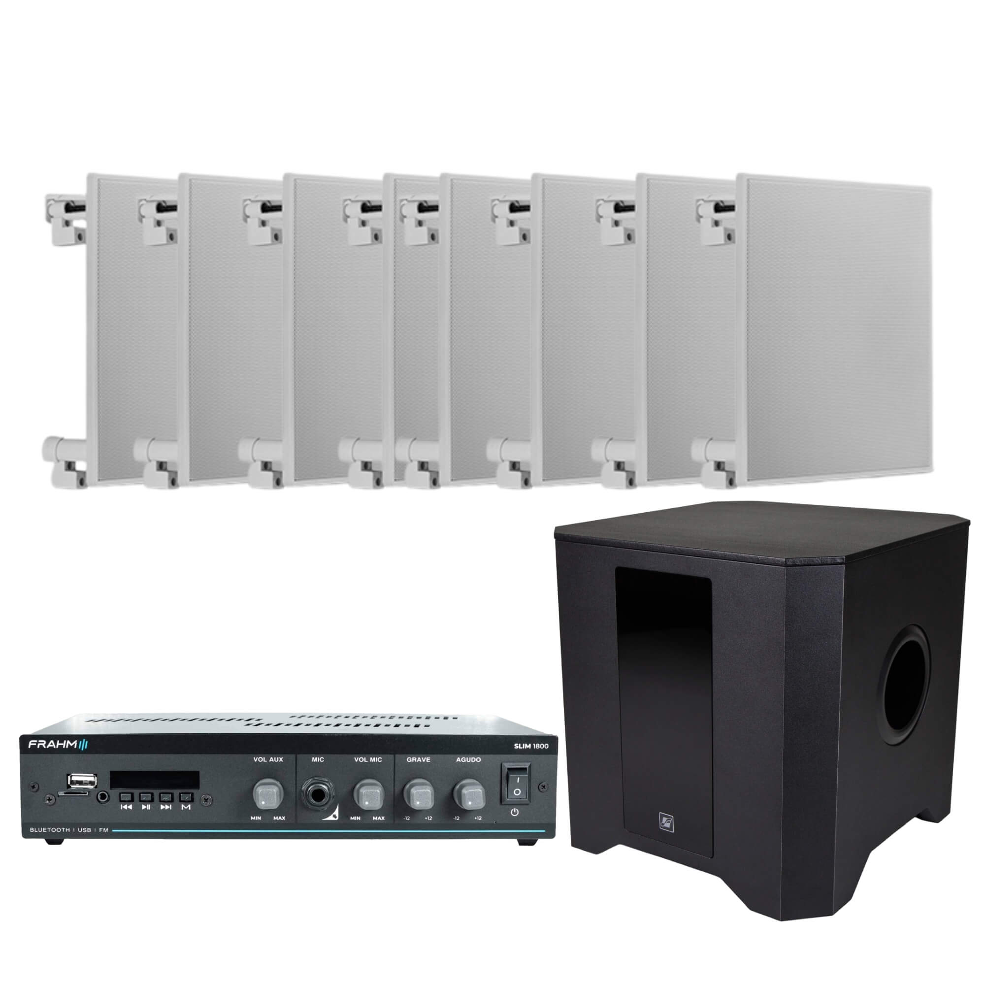 COMP Kit Som Ambiente Livraria entre 100m2 e 200m2 Subwoofer + 8 Caixas de Som + Amplificador
