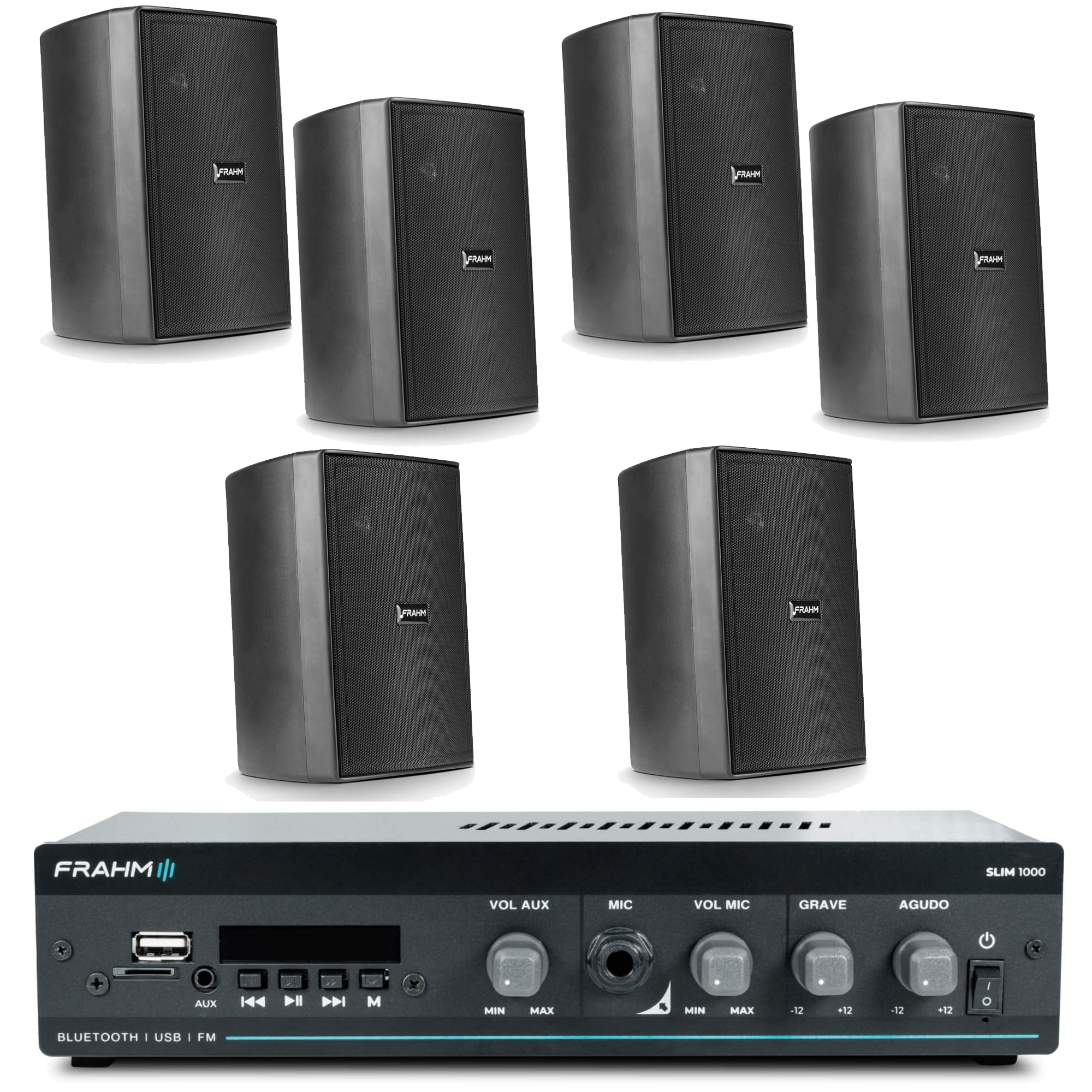 COMP Kit Sonorização Ambiente Slim 1000 Bluetooth+ 6 Caixas PS 200 Preta  - Frahm