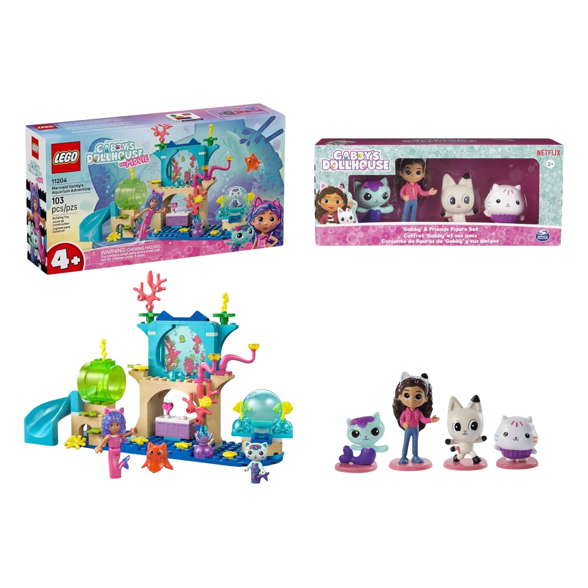 COMP Kit Gabby’s Dollhouse 4 Mini Figuras + LEGO Sereia no Aquário 103 Peças +4 Anos