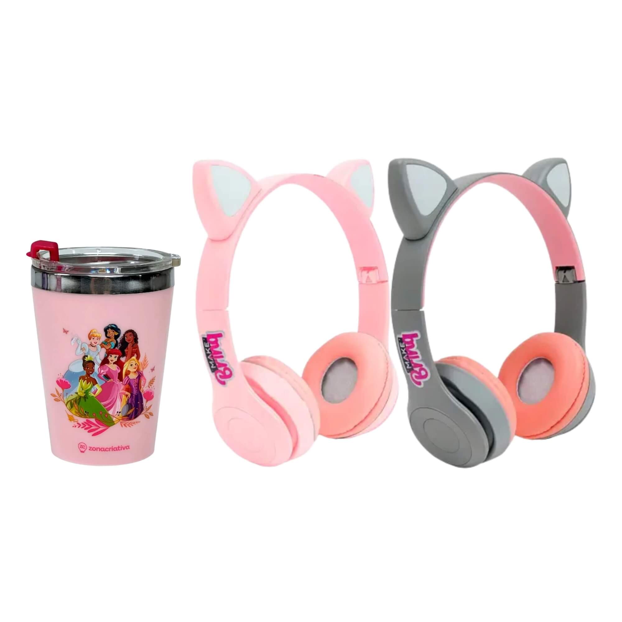COMP Copo Viagem 300ml Princesas + Cat Fone Bluetooth Dobrável c/ Microfone Cor Sortida