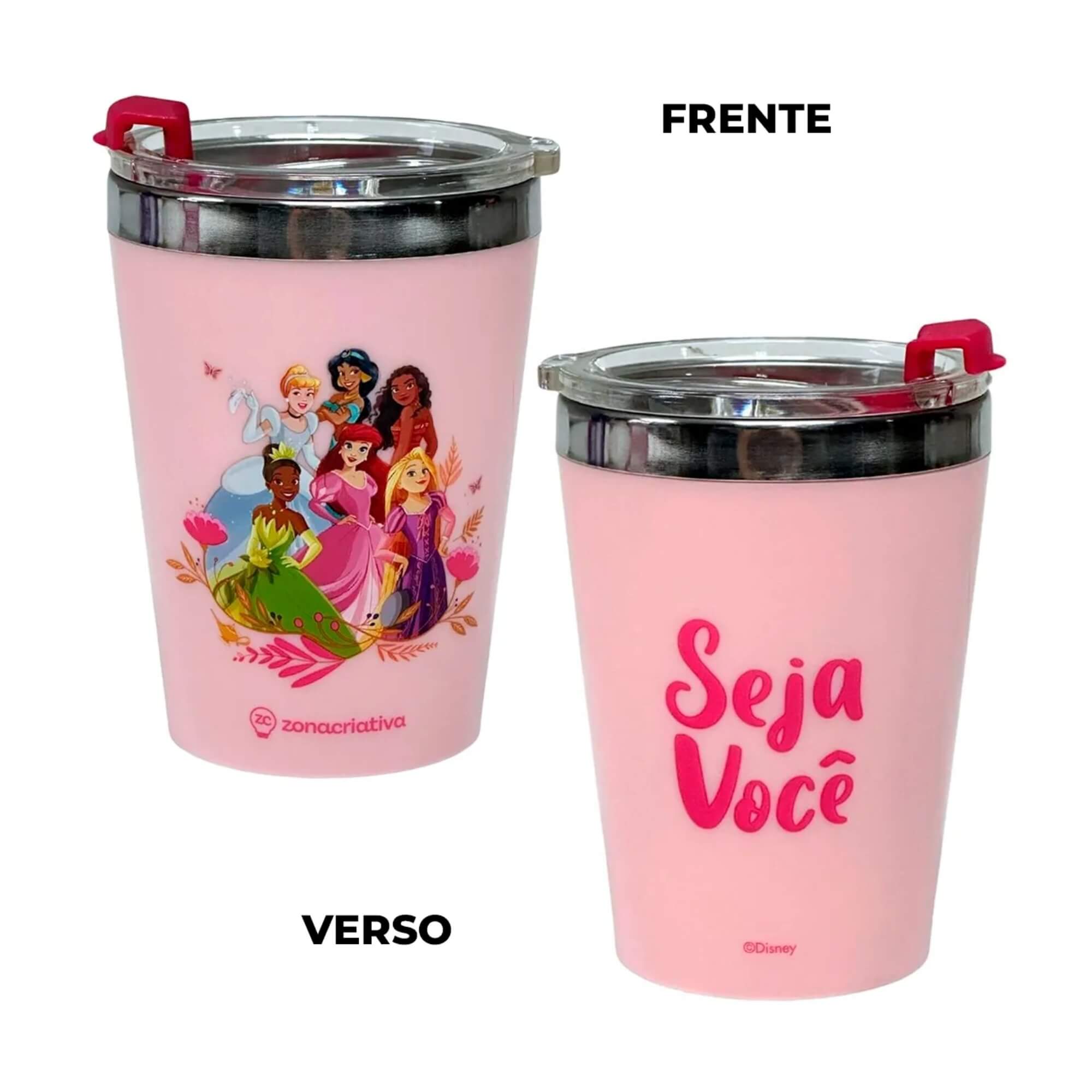 COMP Copo Viagem 300ml Princesas + Cat Fone Bluetooth Dobrável c/ Microfone Cor Sortida