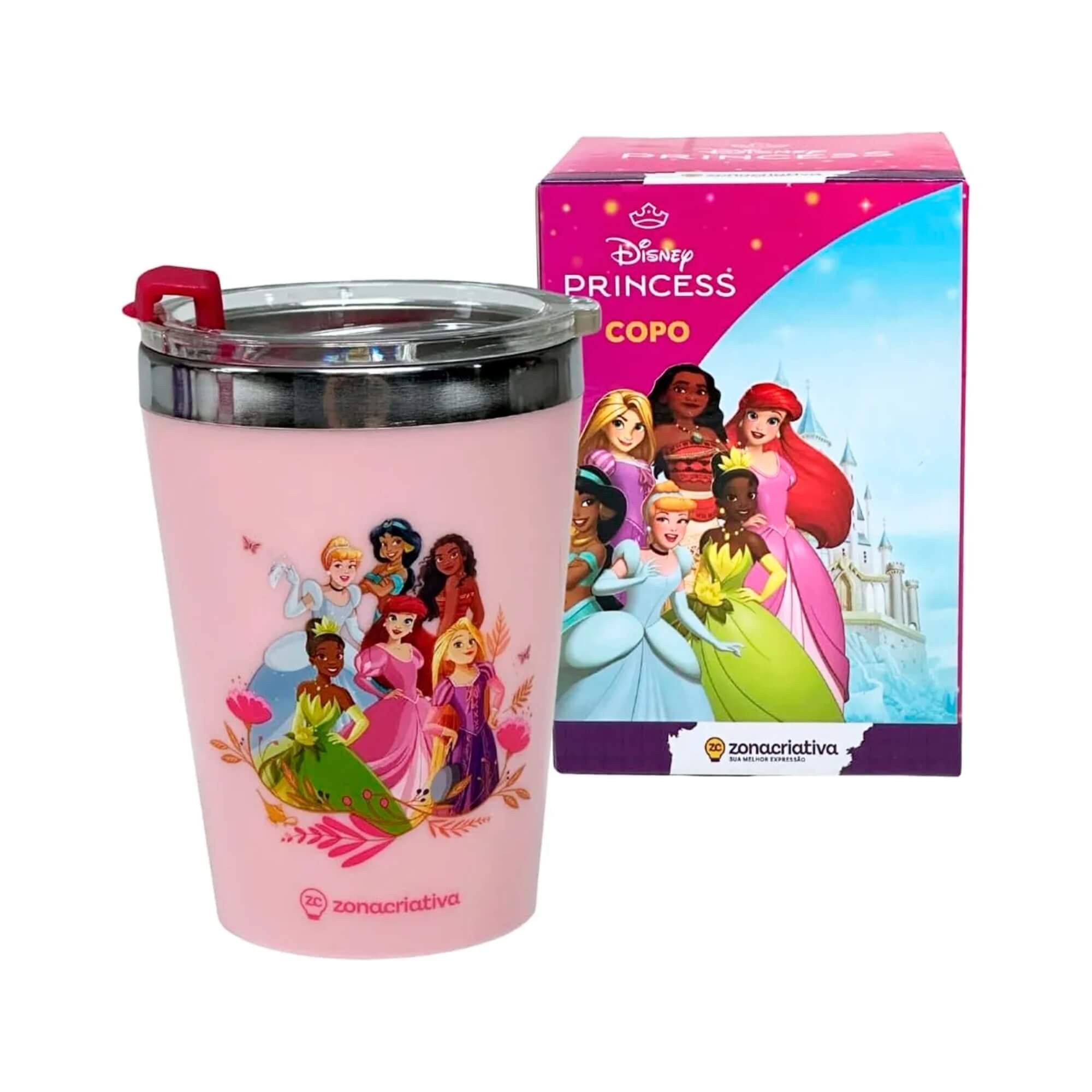 COMP Copo Viagem 300ml Princesas + Cat Fone Bluetooth Dobrável c/ Microfone Cor Sortida