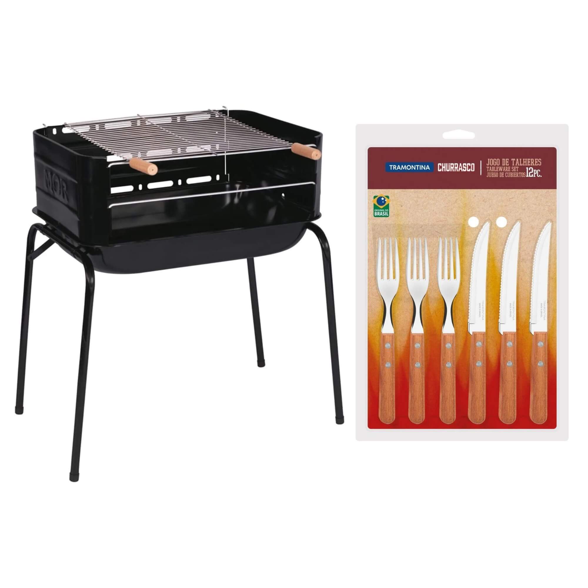 COMP Kit Churrasco Churrasqueira Portátil + Jogo de Talheres Tramontina