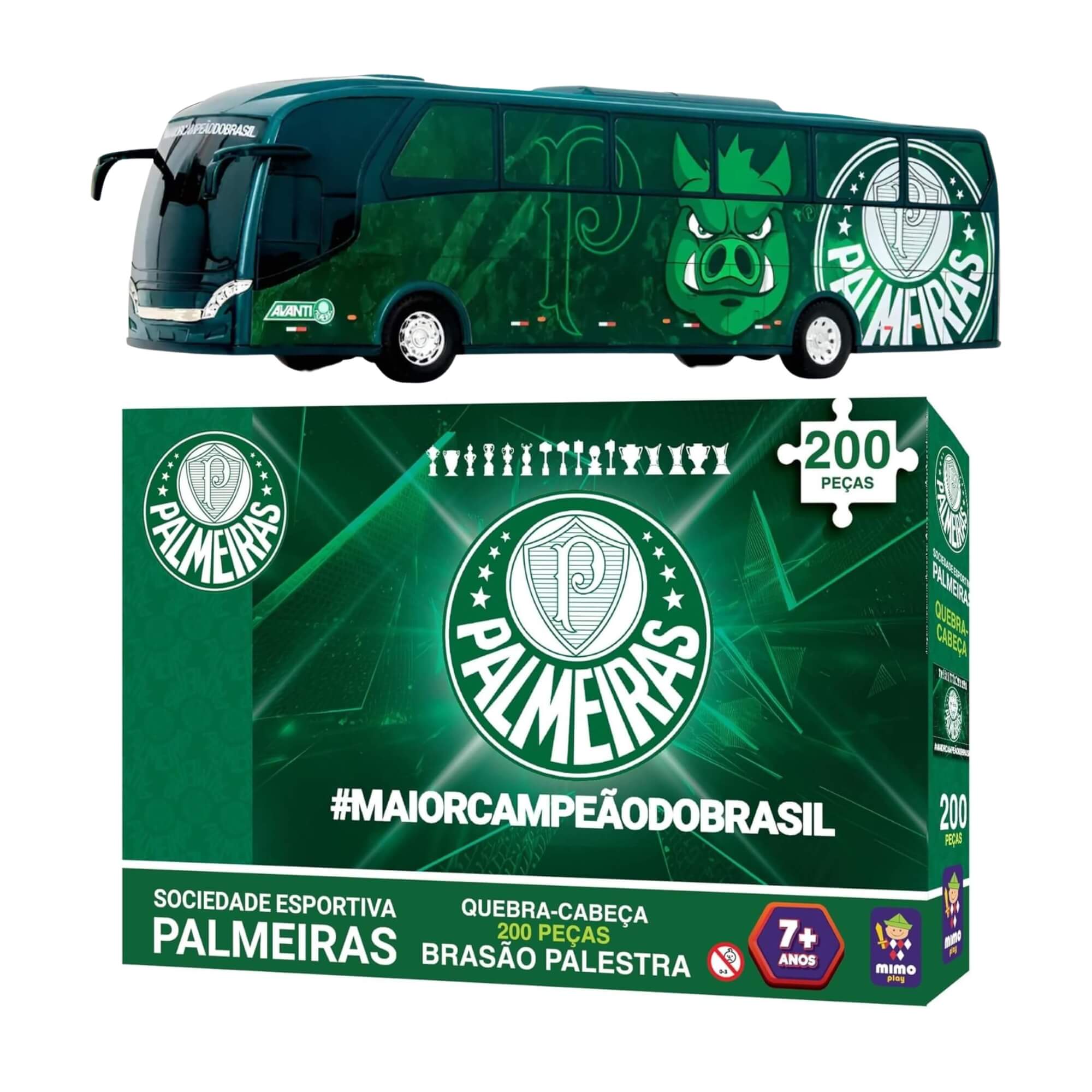 COMP Kit Torcedor Palmeiras Jogo Quebra Cabeça + Ônibus Miniatura