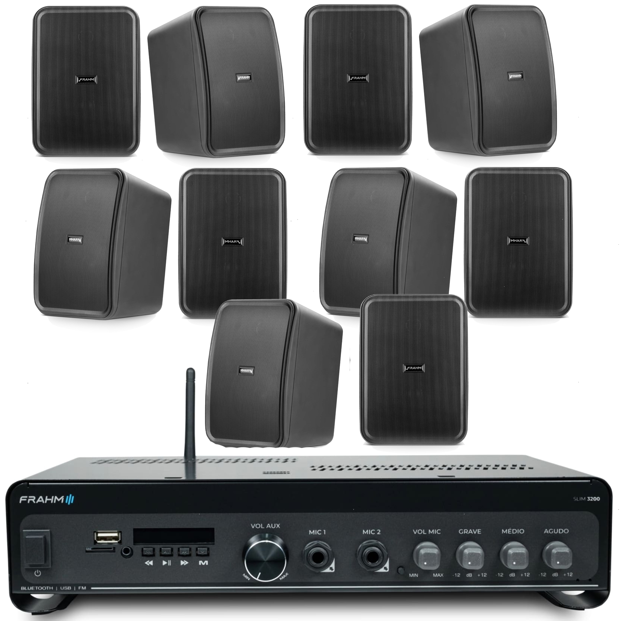 COMP Kit Som Ambiente Bluetooth Conexão Tv + 10 Caixas Frahm CS5 80 Watts Parede Preta