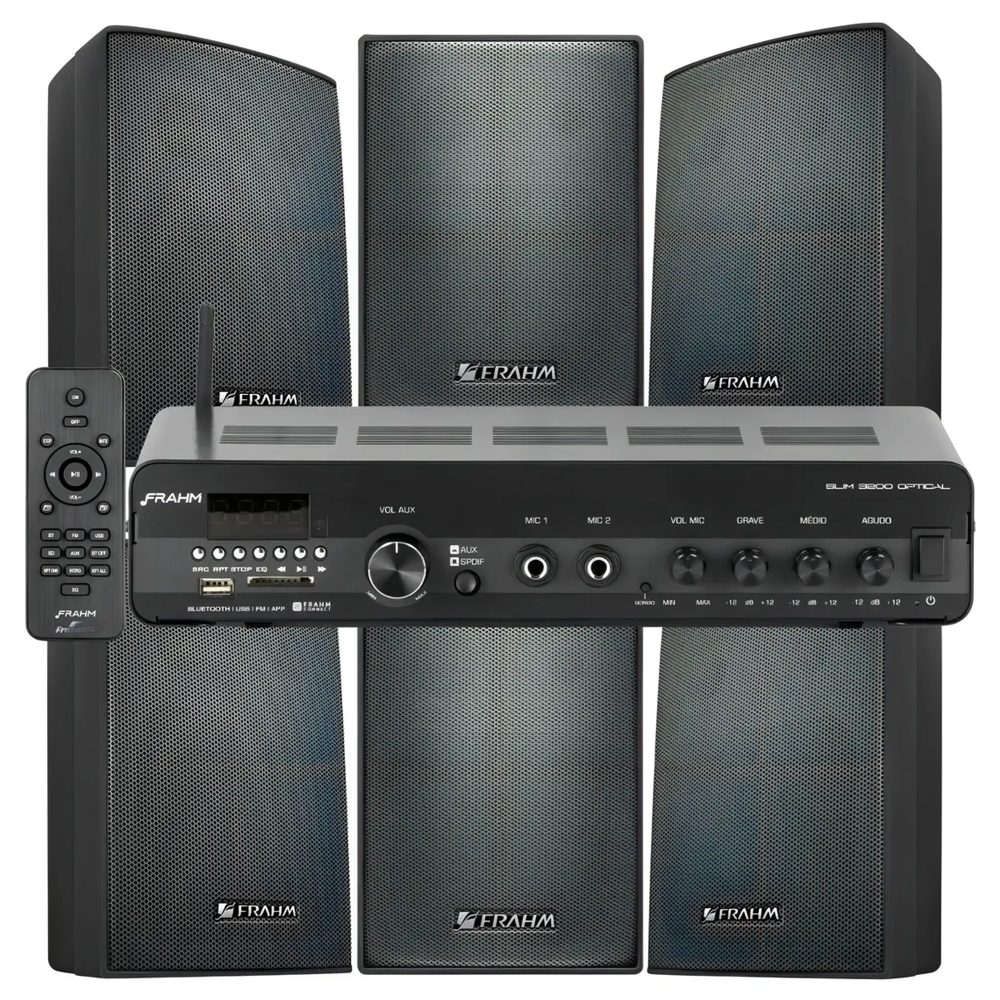 COMP Kit Som Ambiente Bluetooth Frahm Slim 3200 + 6 Caixas Ps200 Plus Cor Preto