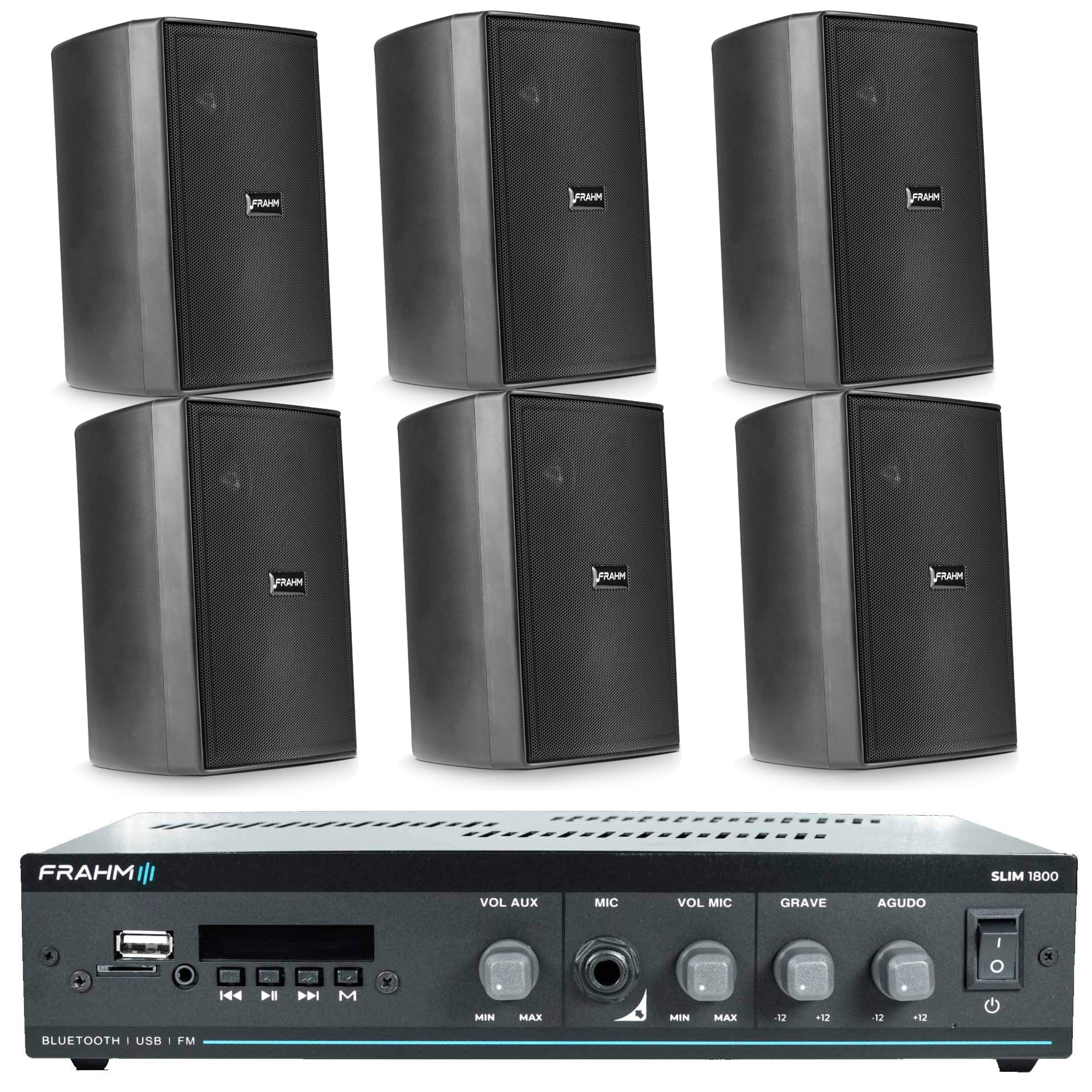 COMP Kit Sonorização Ambiente Slim 1800 Bluetooth+ 6 Caixas Frahm Preta