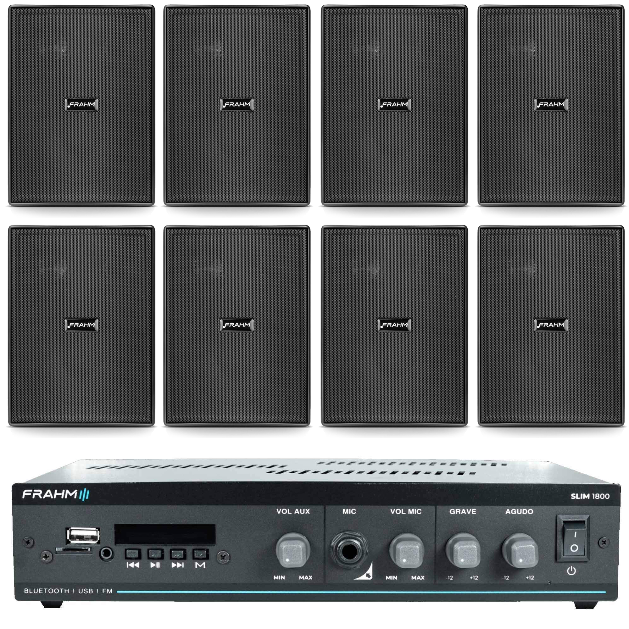 COMP Kit Sonorização Ambiente Slim 1800 Bluetooth+ 8 Caixas Frahm Preta
