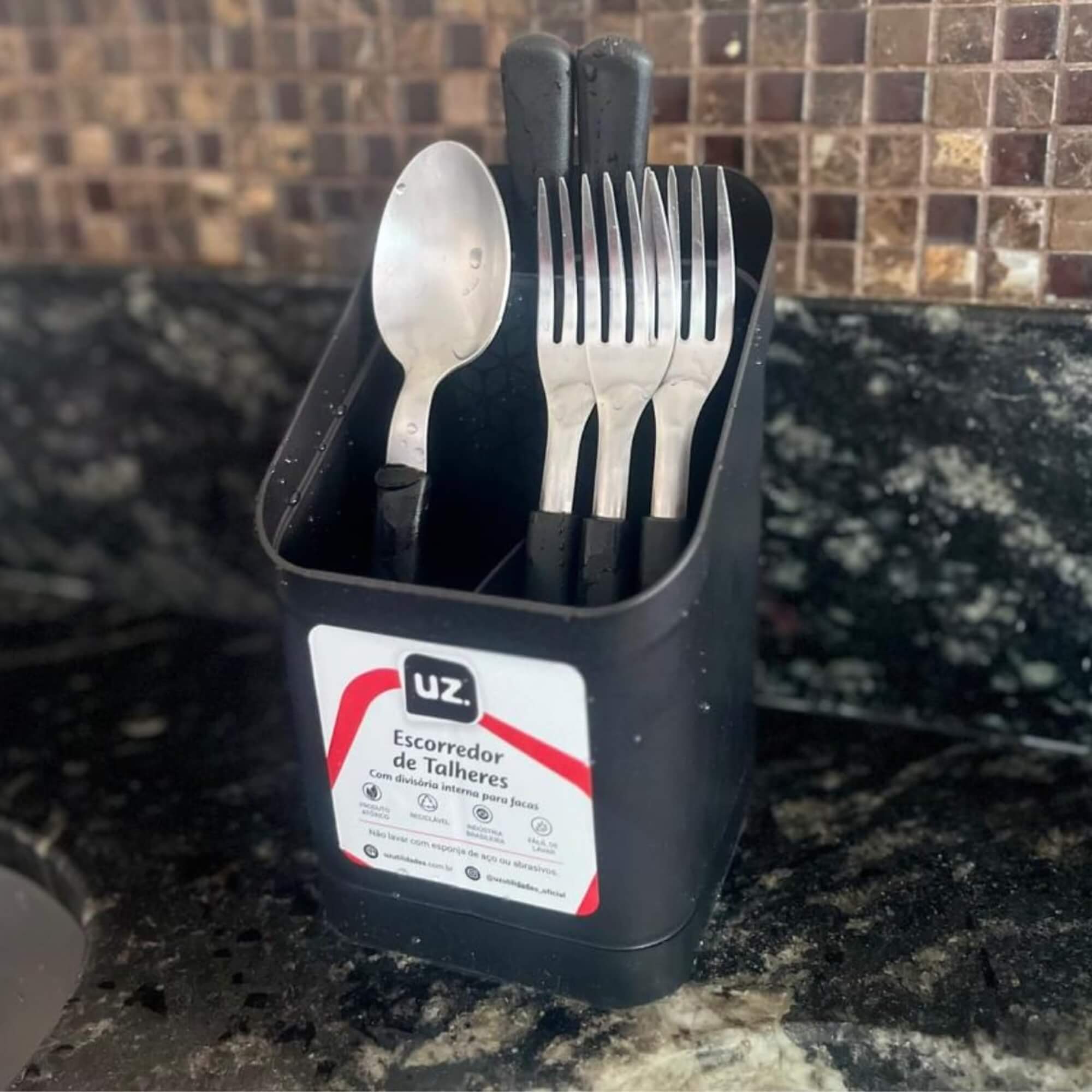 COMP Kit Escorredor de Louça + de Talheres Preto Pia Cozinha Multiuso
