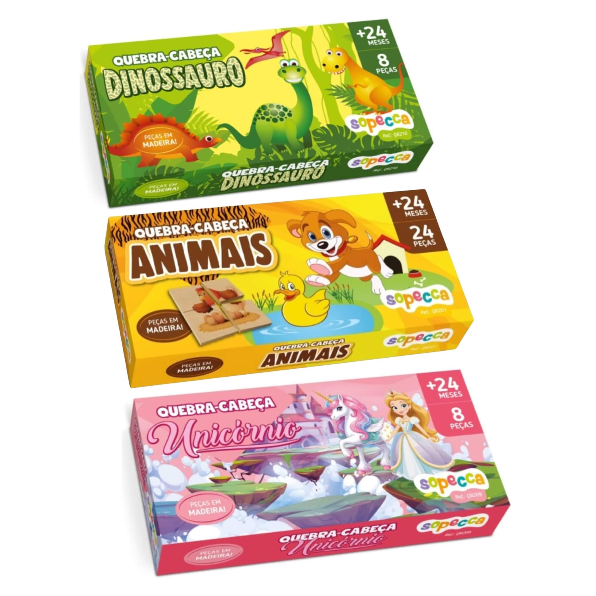 COMP Kit 3 Quebra Cabeças de Madeira Educativo Animais Dinossauro e Unicórnio 8 Peças Cada