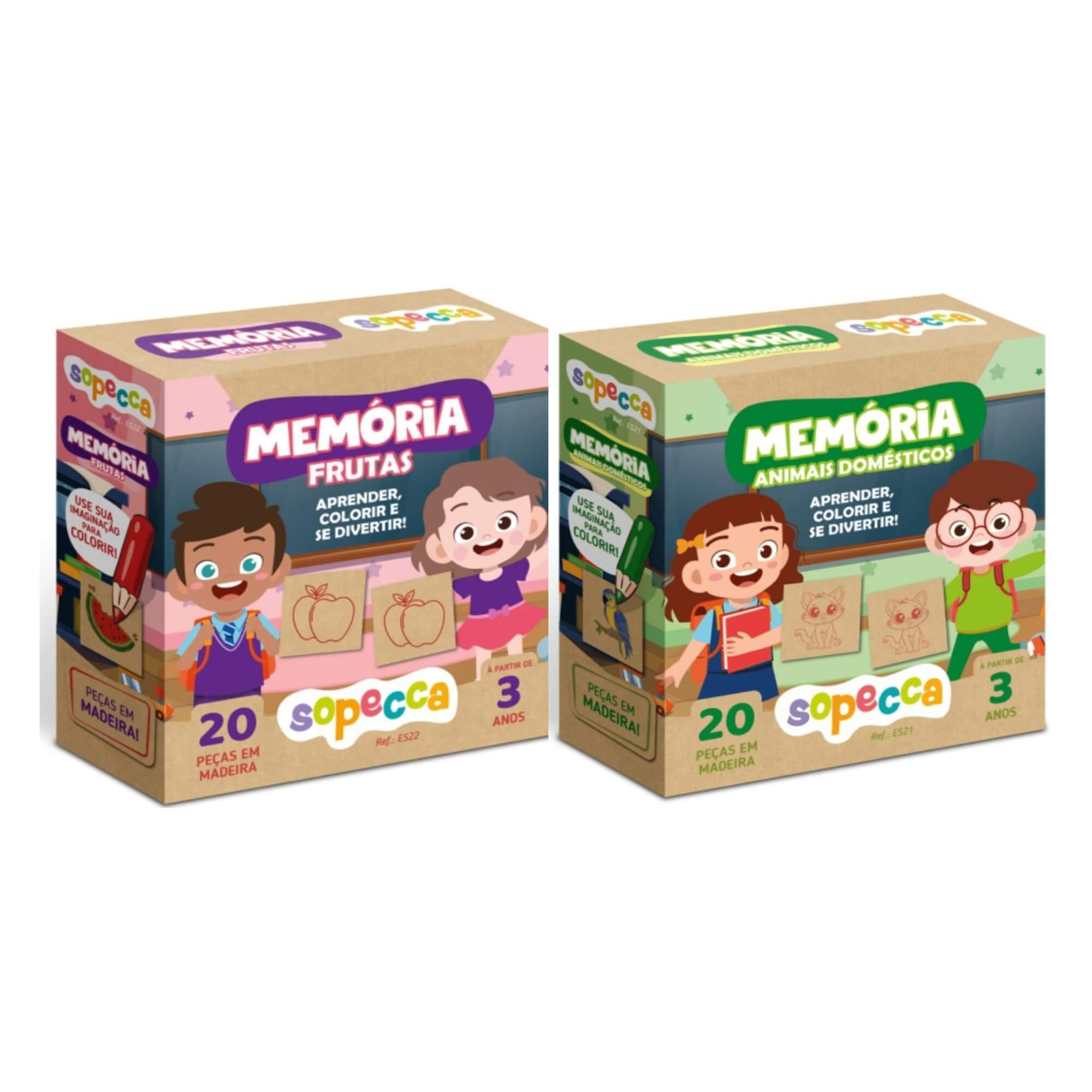 COMP Kit 2 Jogos da Memória de Madeira Educativo Animais e Frutas Para Colorir - Sopecca