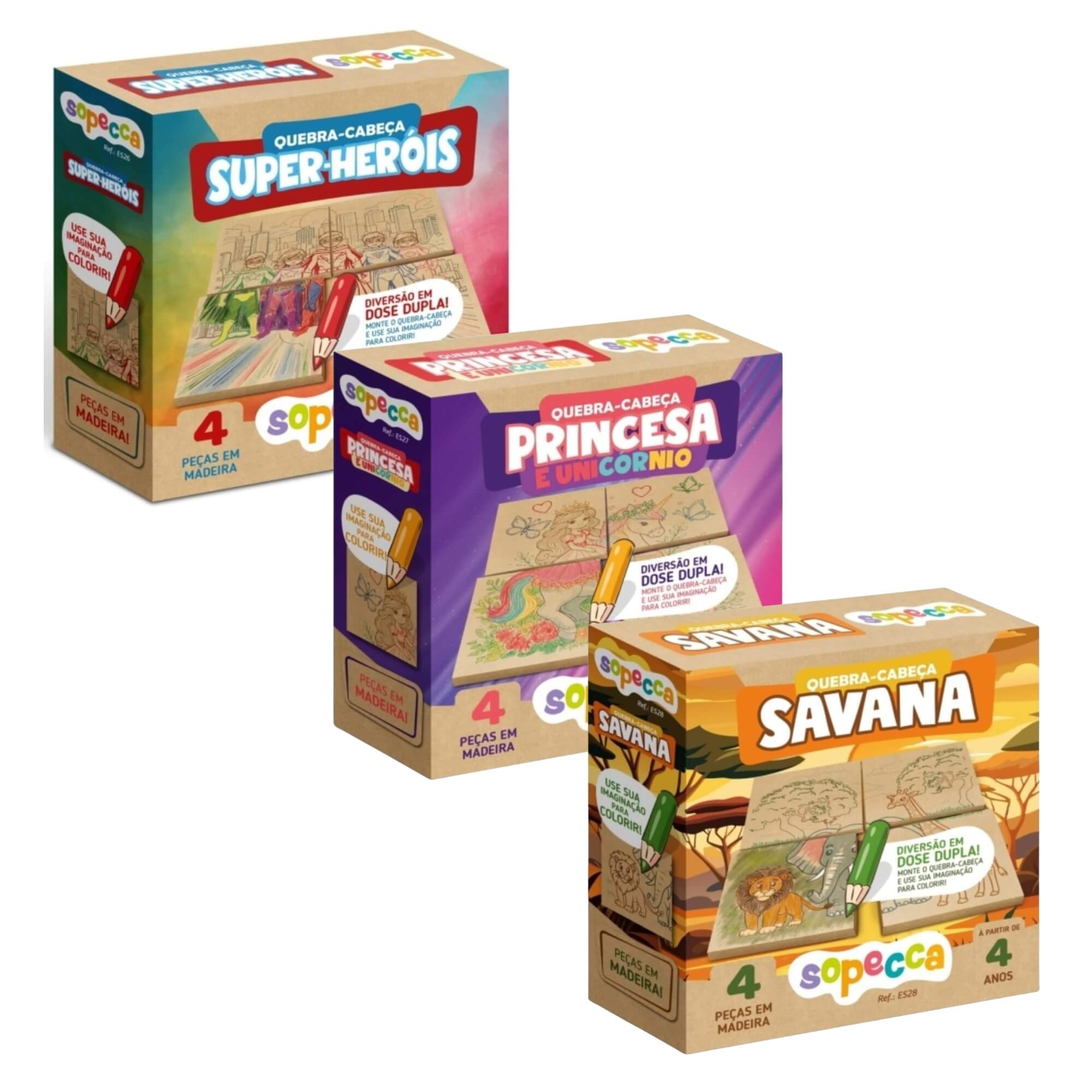 COMP Kit 3 Quebra Cabeças Para Colorir Educativo de Madeira