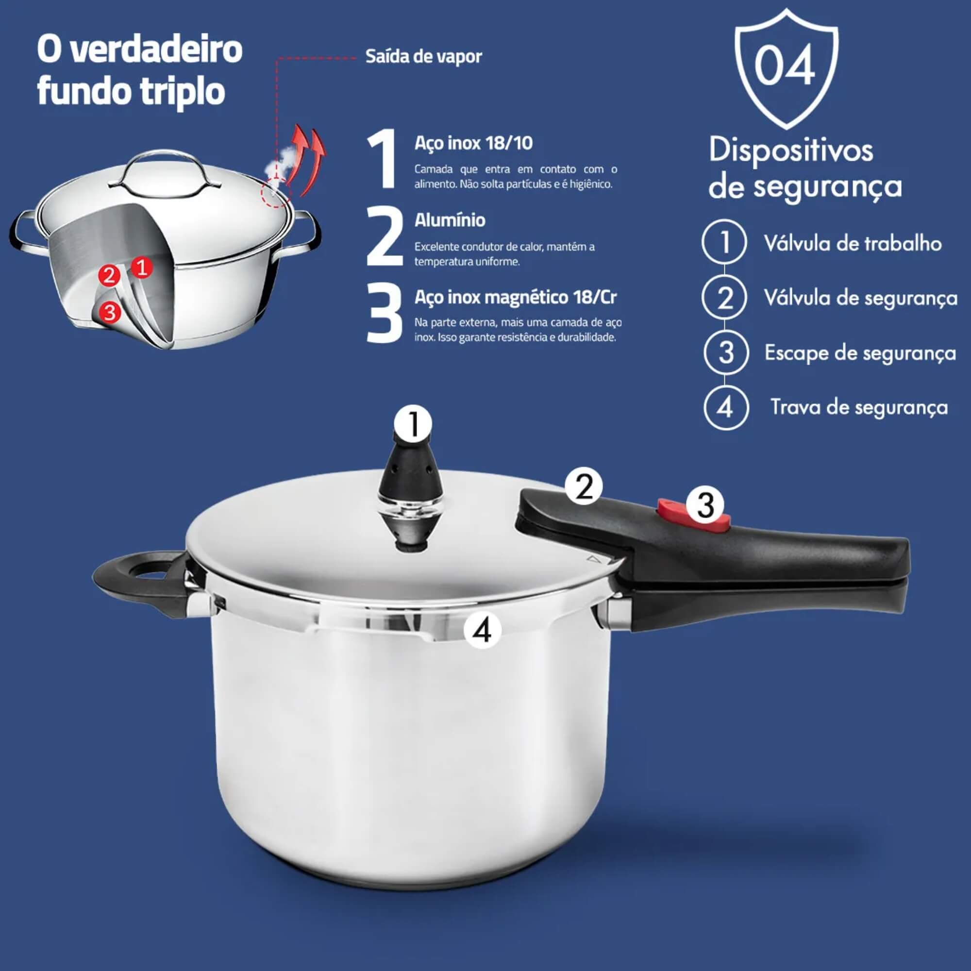 Panela de Pressão Ultra em Aço Inox 6 Litros Ø 22x17 cm Brinox - 4935/101