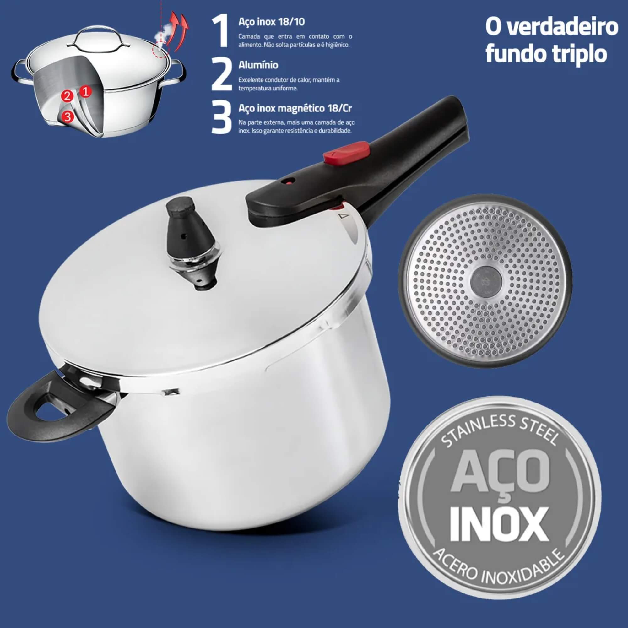 Panela de Pressão Ultra em Aço Inox 6 Litros Ø 22x17 cm Brinox - 4935/101
