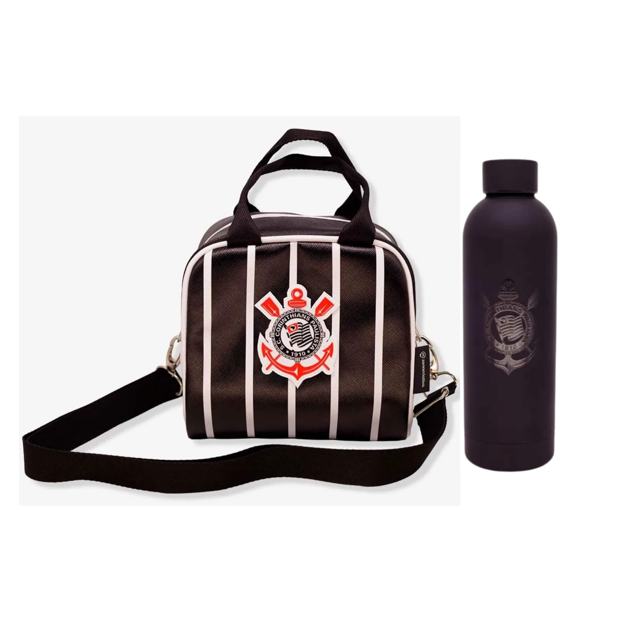 COMP Kit Corinthians Garrafa Térmica 500ml + Lancheira Térmica c/ Alça Removível