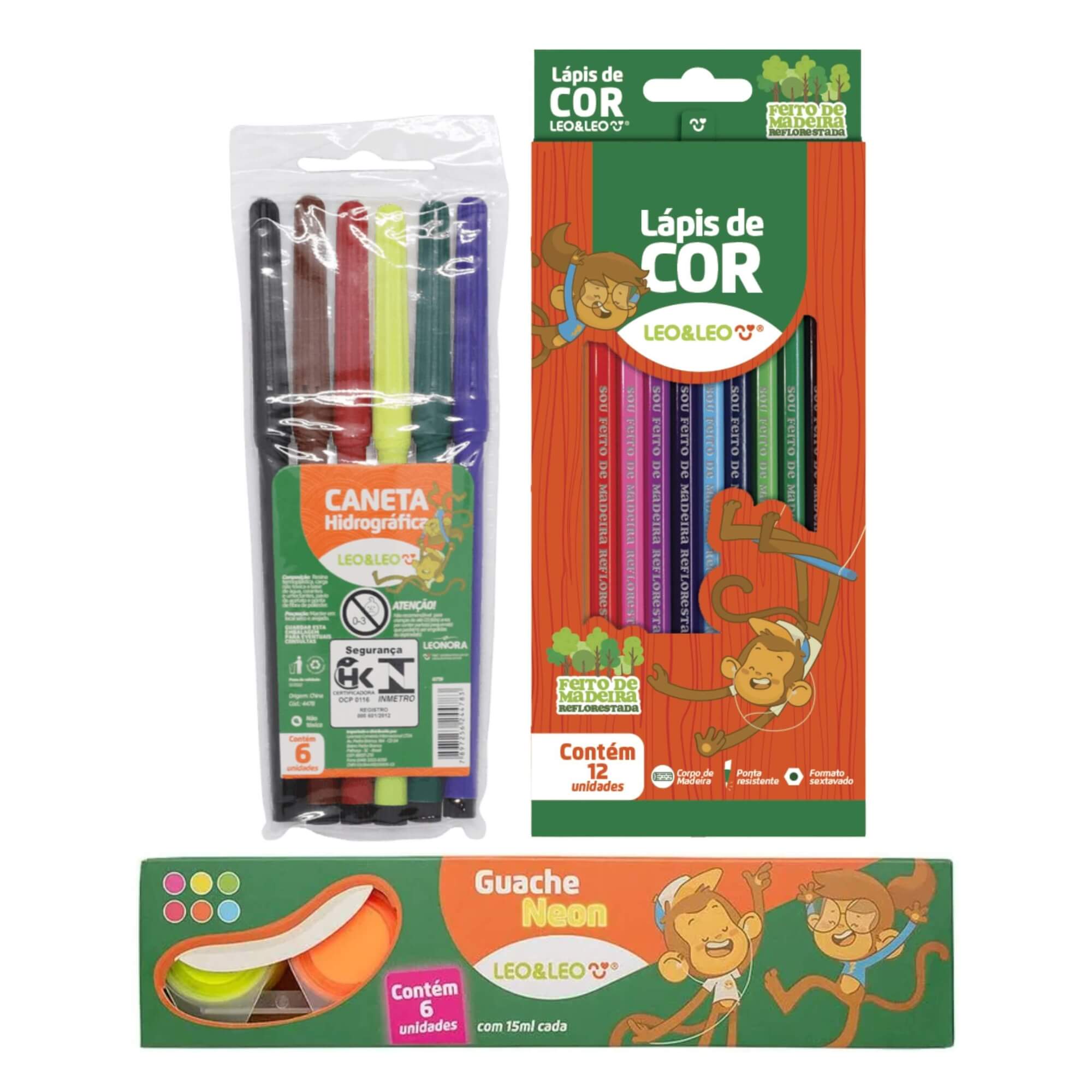 Kit Tinta Guache Neon + Canetinhas Hidrocor + Lápis de Cor Pintura Infantil Material Escolar
