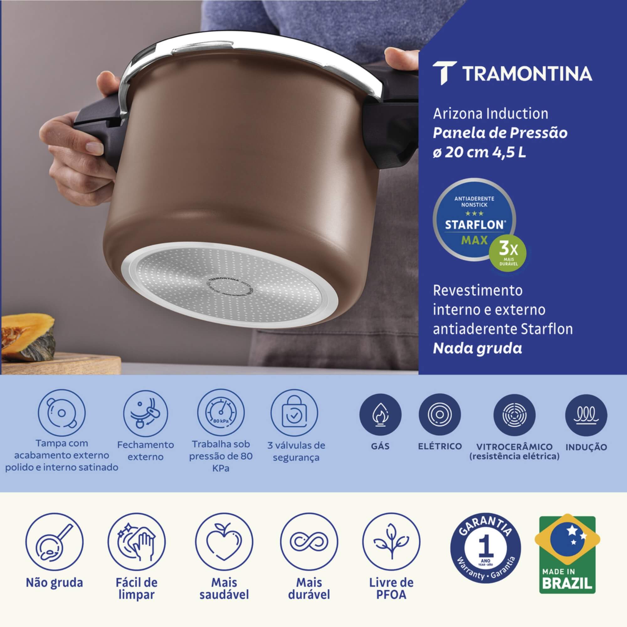 Panela de Pressão Arizona Induction Antiaderente Mocaccino 20 cm 4,5 L Tramontina - 20560320