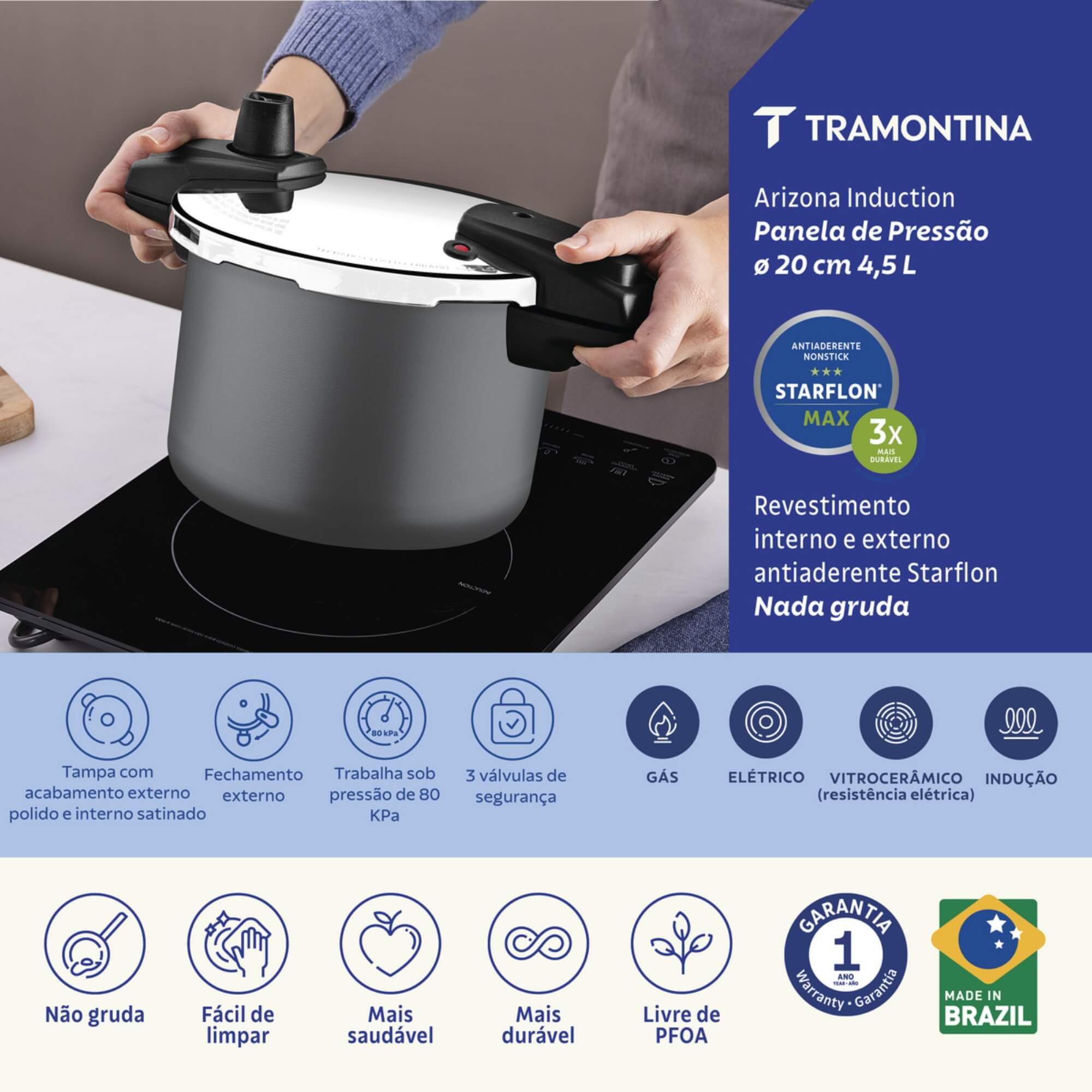 Panela de Pressão Arizona Induction  Antiaderente Starflon Titânio Tramontina - 20560520
