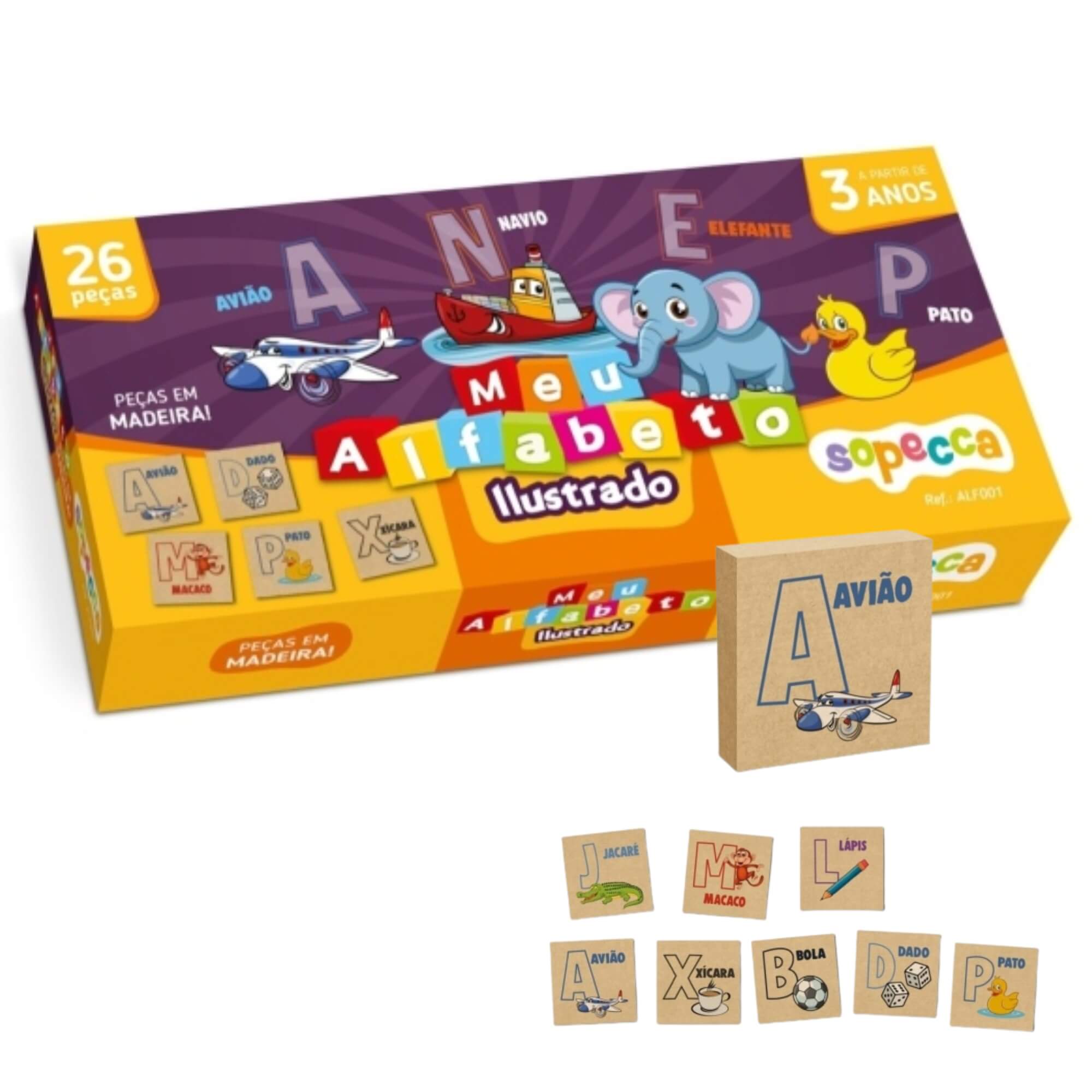 COMP Kit 5 Brinquedo Educativo Alfabeto Ilustrado 26 peças de Madeira Sopecca