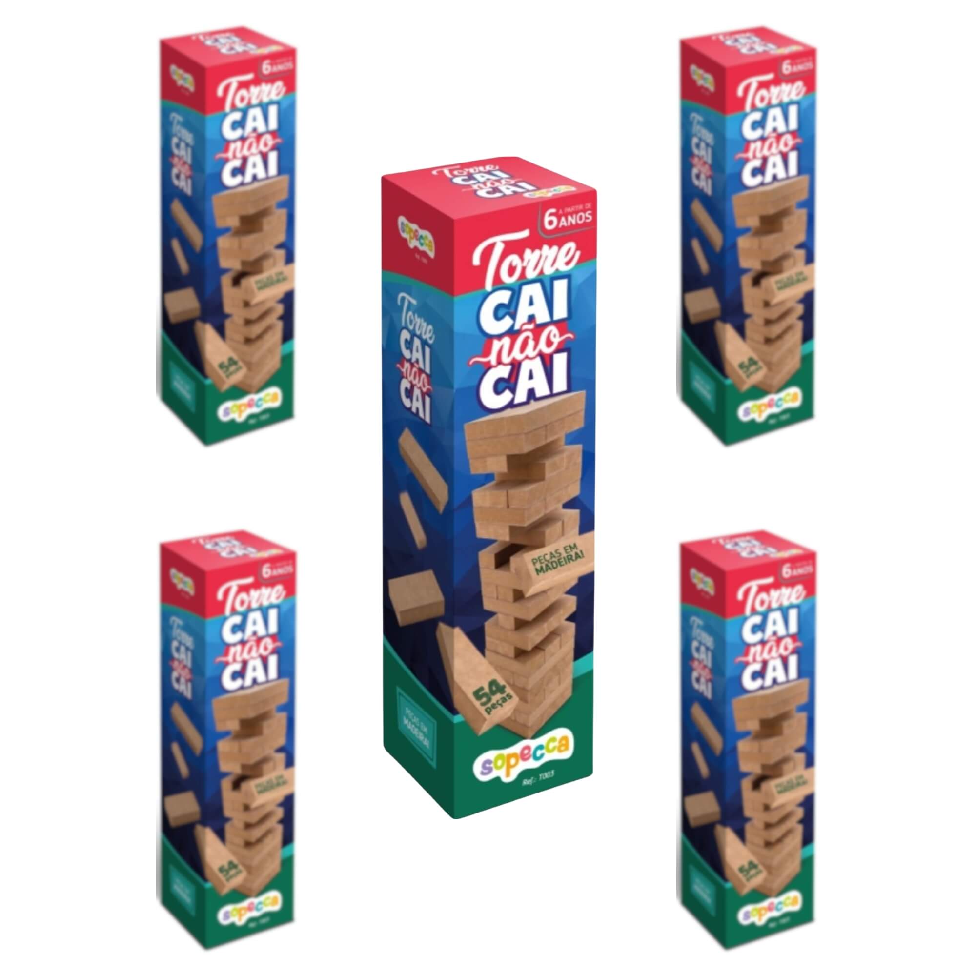 COMP Kit 5 Jogo Infantil Torre Cai Não Cai com 54 Peças de Madeira Sopecca