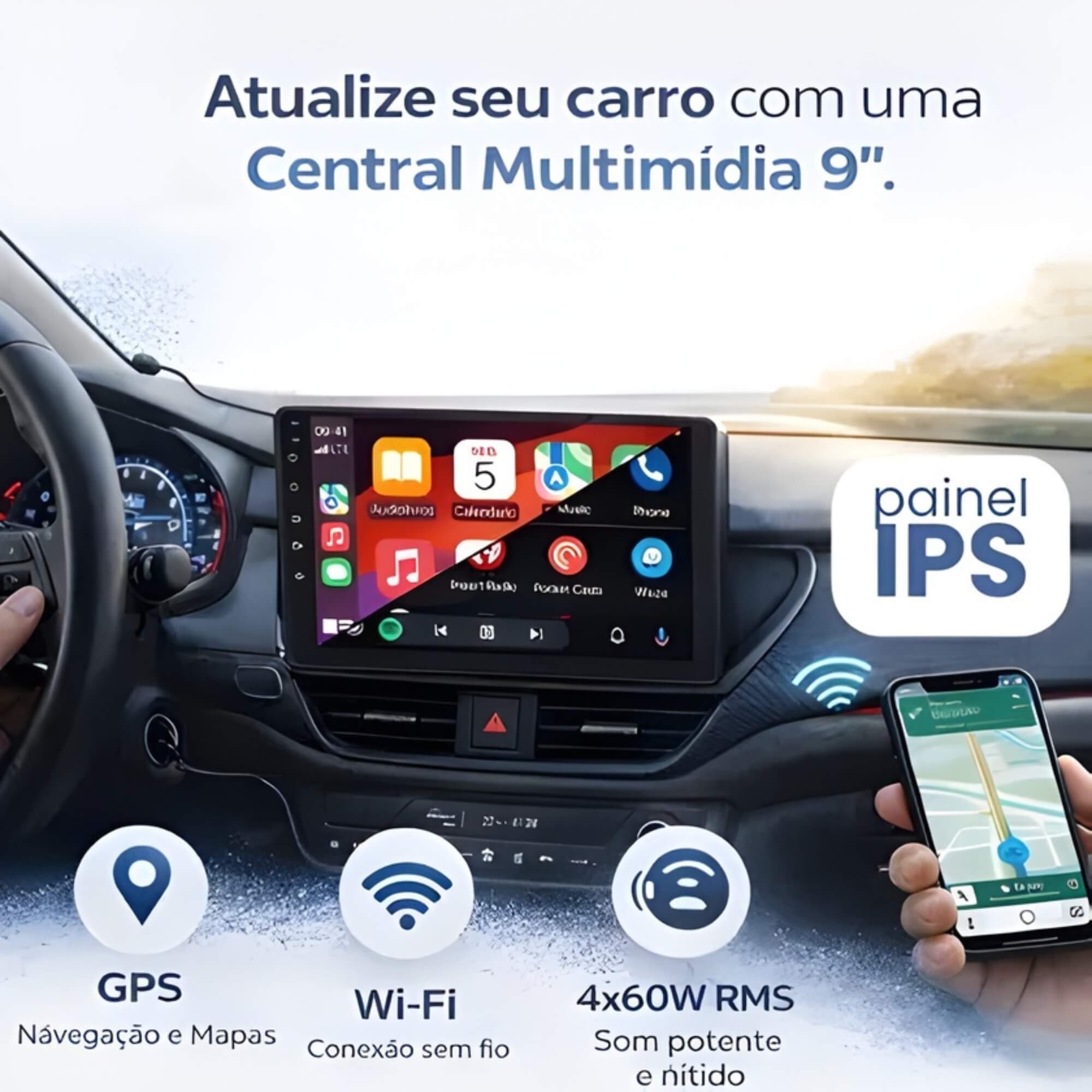 COMP Kit Multimídia MP5 tela de vidro 9" SLIM 4x60W RMS ESP/AA sem Fio H-Tech + Câmera de Ré