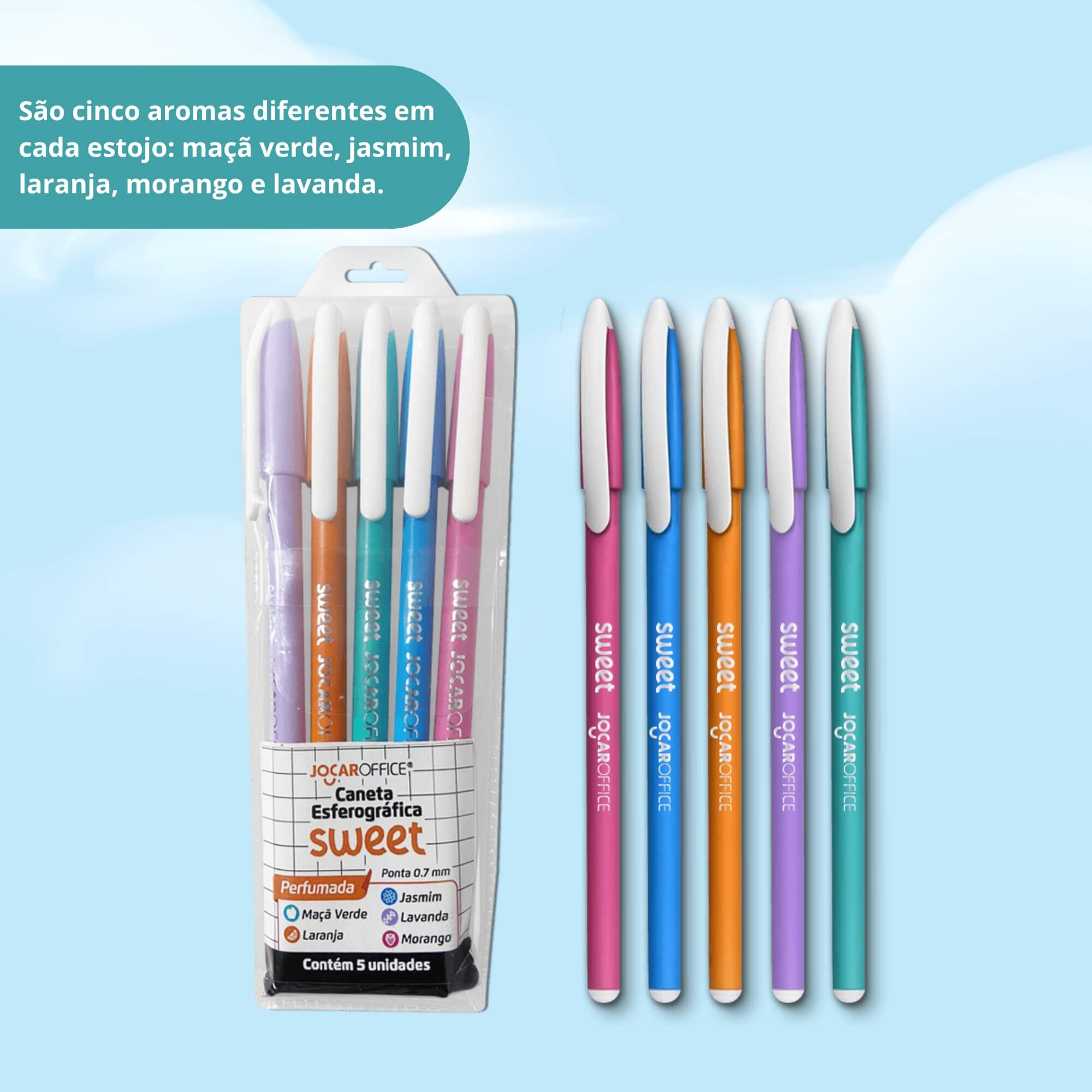 Caneta Esferográfica Perfumada Sweet Ponta 0.7 (Estojo c/ 5 unidades) Jocar Office Leonora - 10297