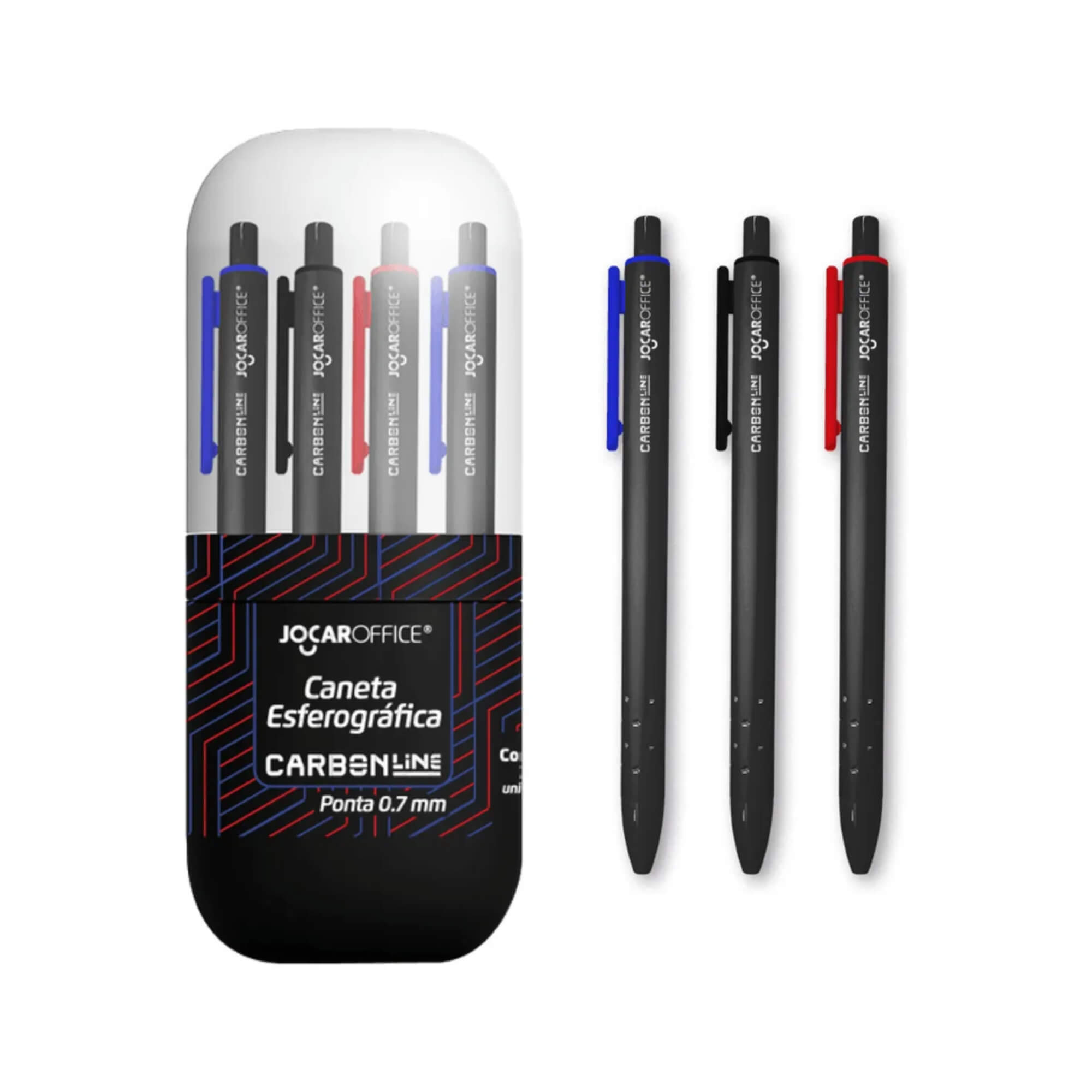 Caneta Esf. Retrátil Ponta 0.7 Carbon Line Azul/Vermelha/Preta (Pote 24 unidades) Leonora - 10300